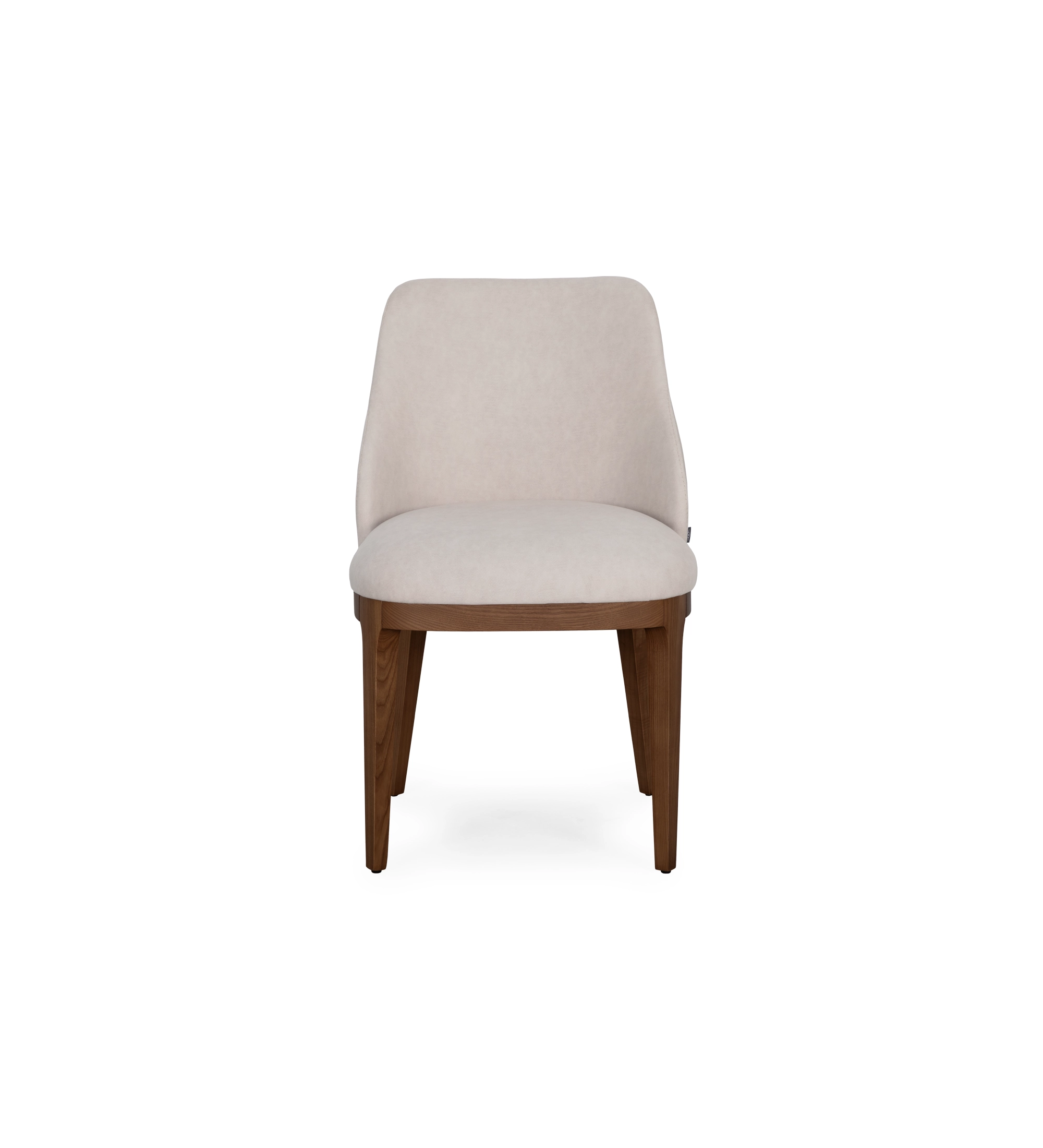 Silla Cannes tapizada en tela beige, patas en madera de fresno color nogal.