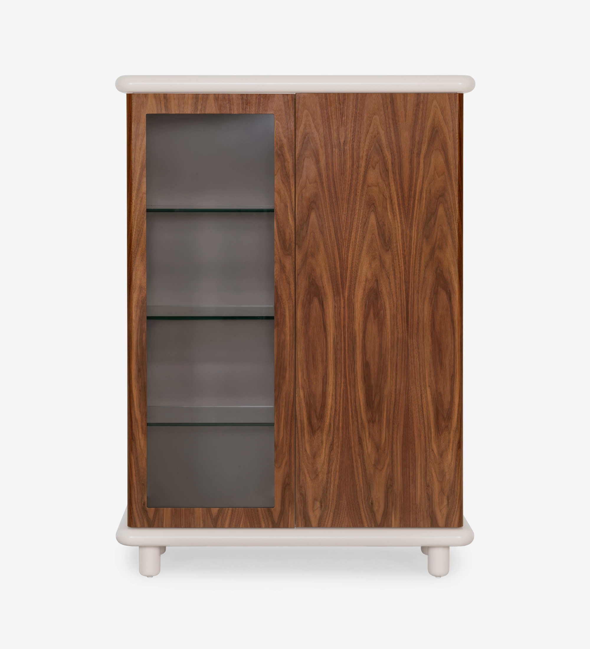 Showcase with lighting and sensor, 2 doors in natural walnut, pearl structure.