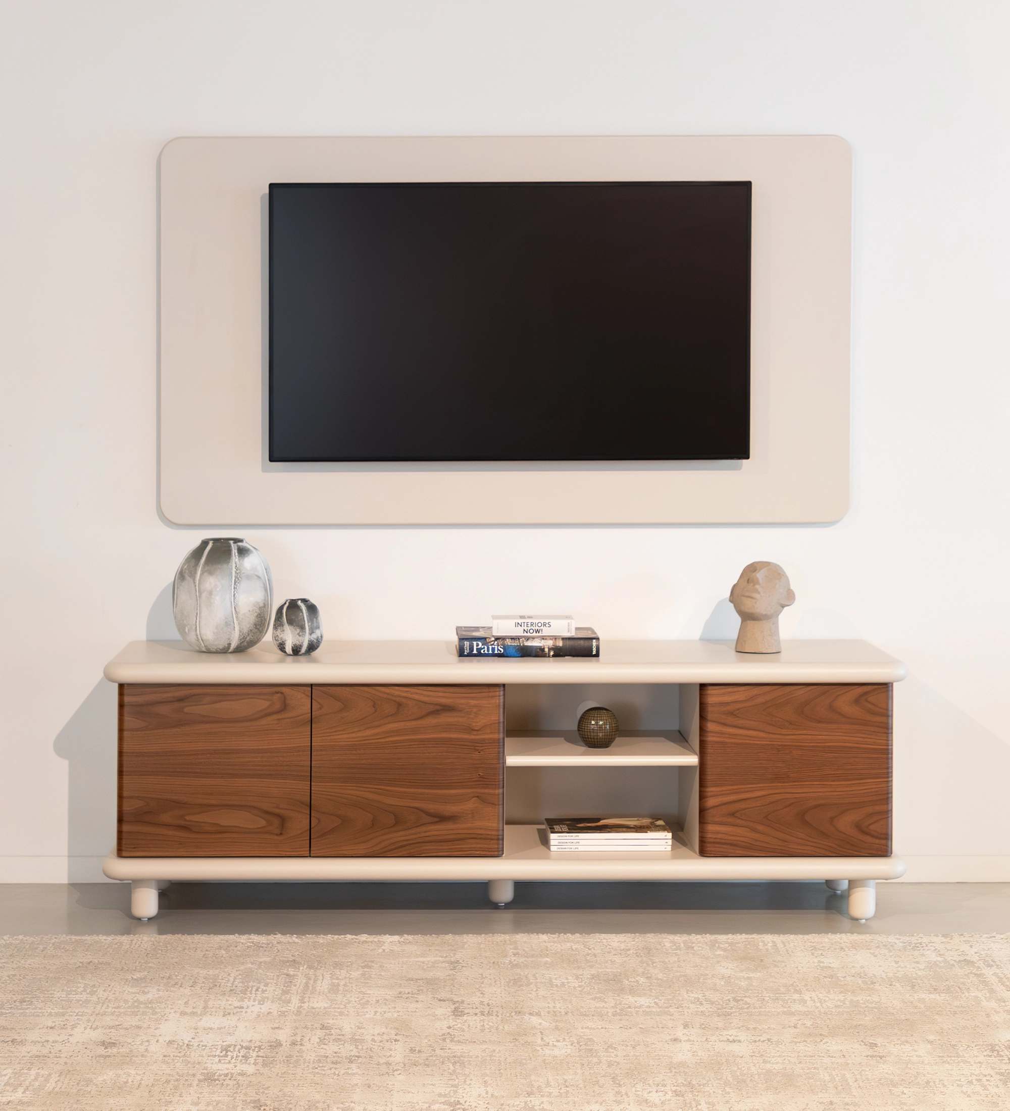 Paris TV stand 3 doors in natural walnut, pearl structure.