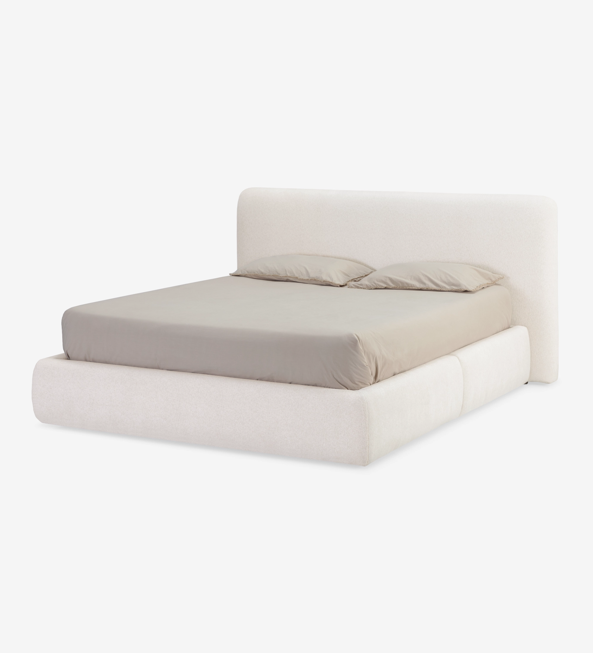 Cama doble Paris tapizada blanca con cabecero y ropa de cama neutra