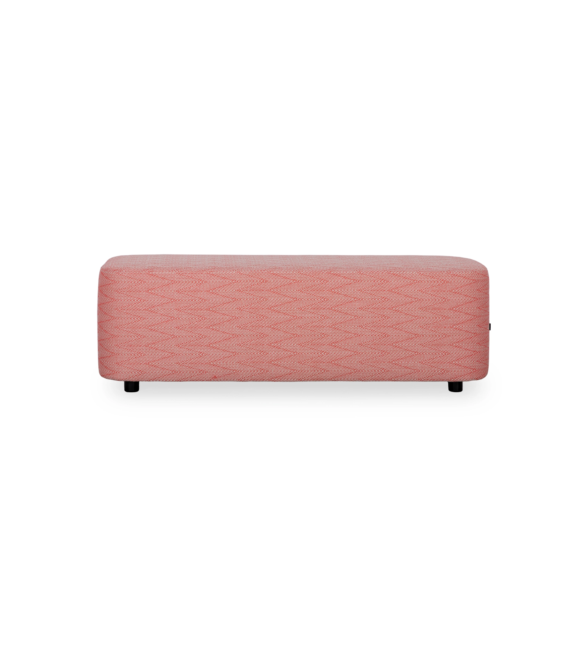 Banquette rembourré en tissu rouge, pieds en noir.