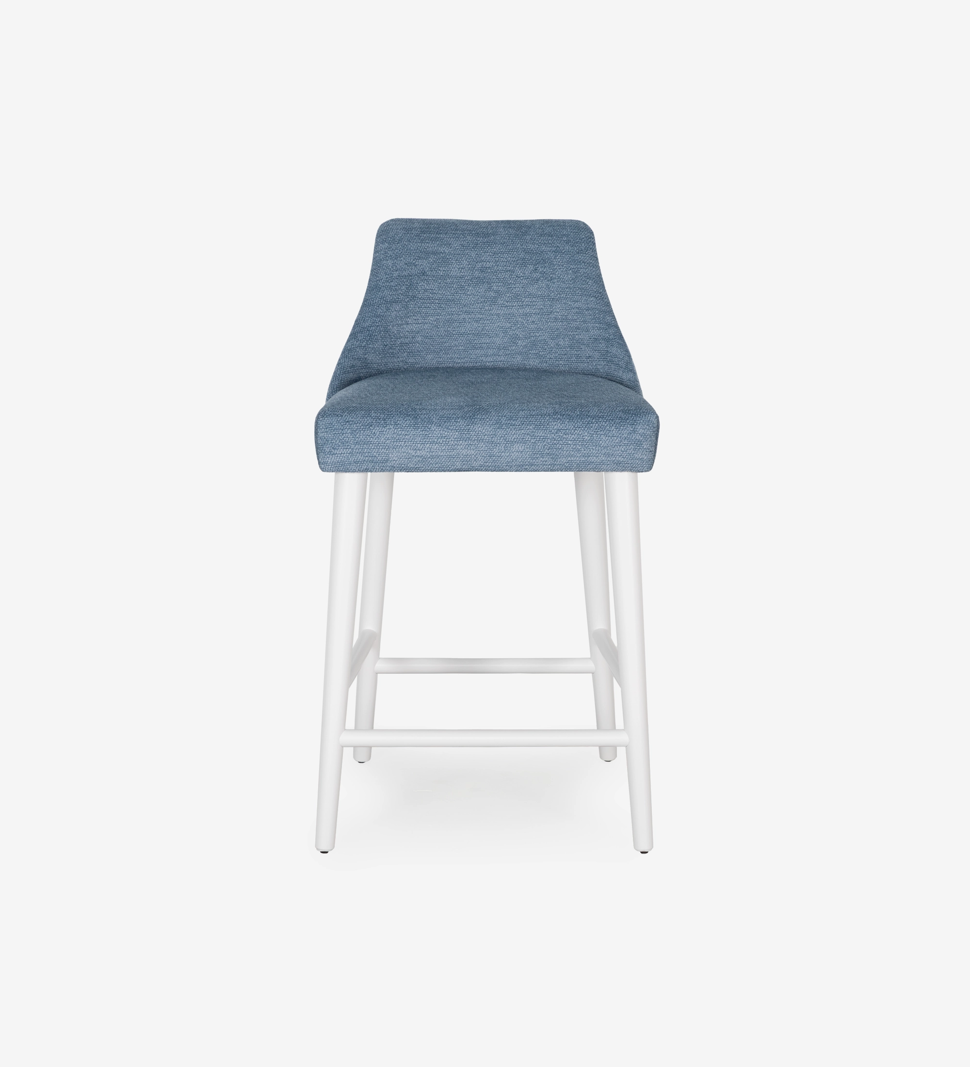 Taburete Oslo tapizado en tela azul, pies lacados perla.
