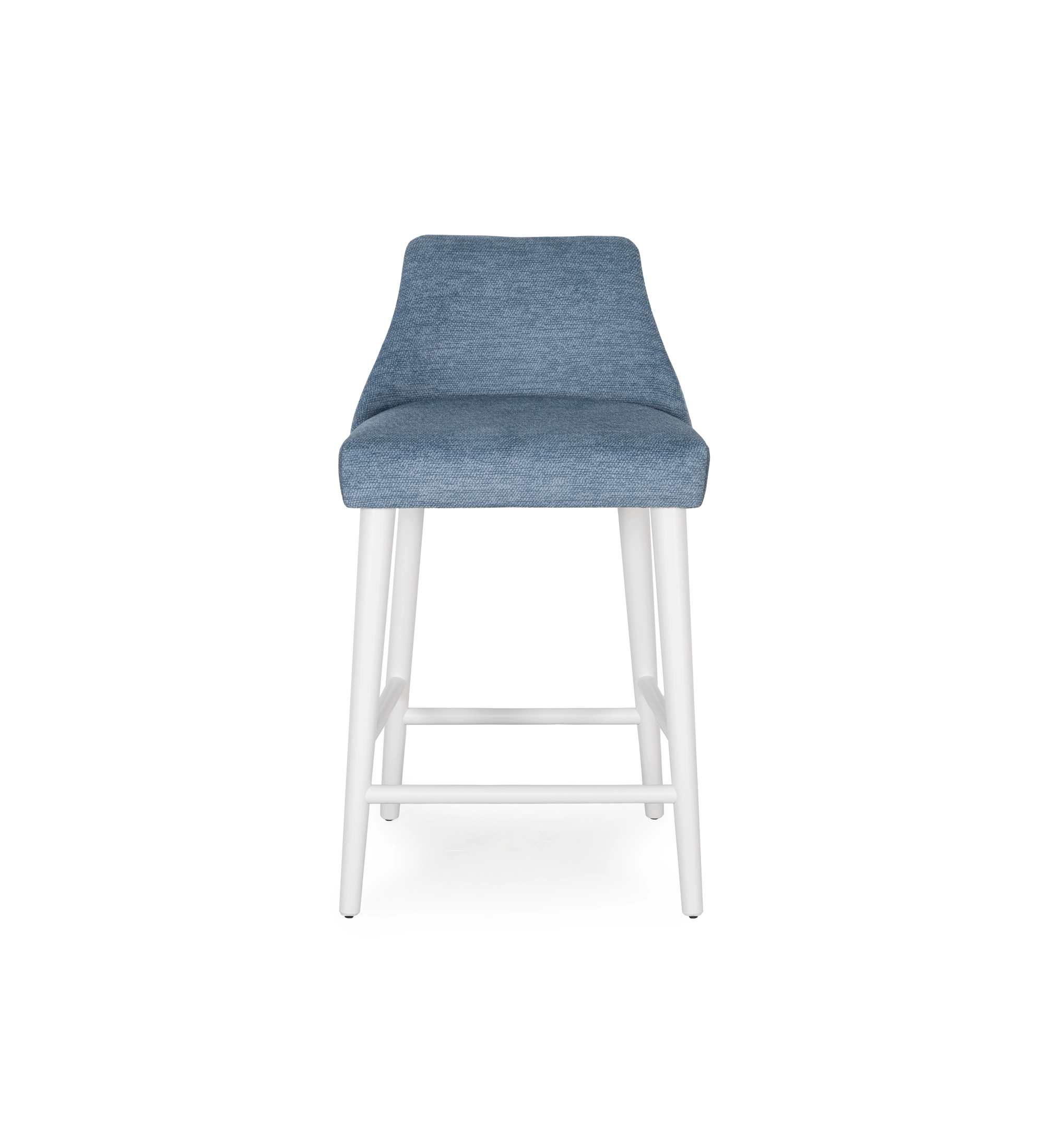 Tabouret Oslo rembourré en tissu bleu, pieds laqués perle.