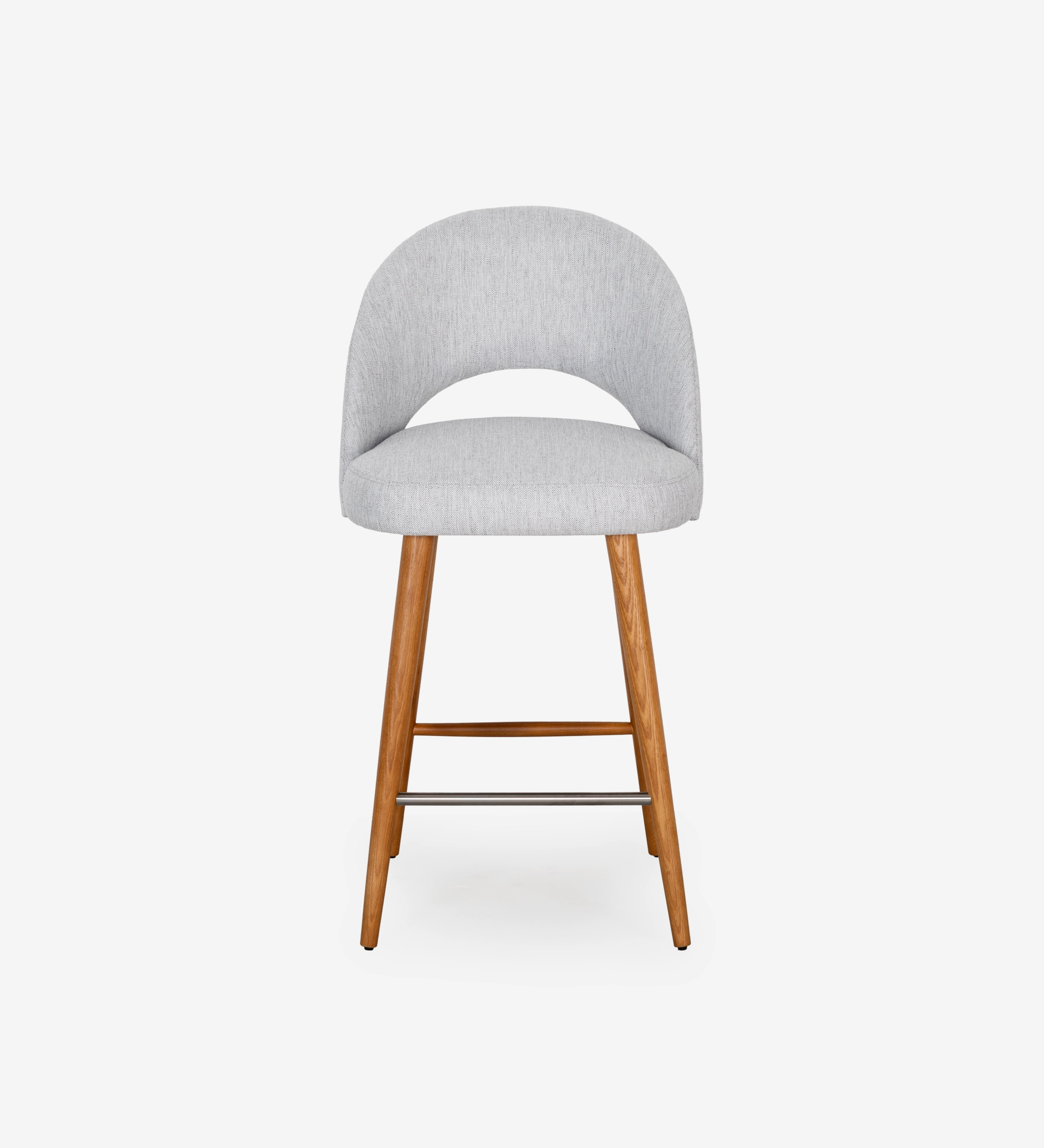 Stool with light grey fabric upholstered, with honey-colored wooden feet.