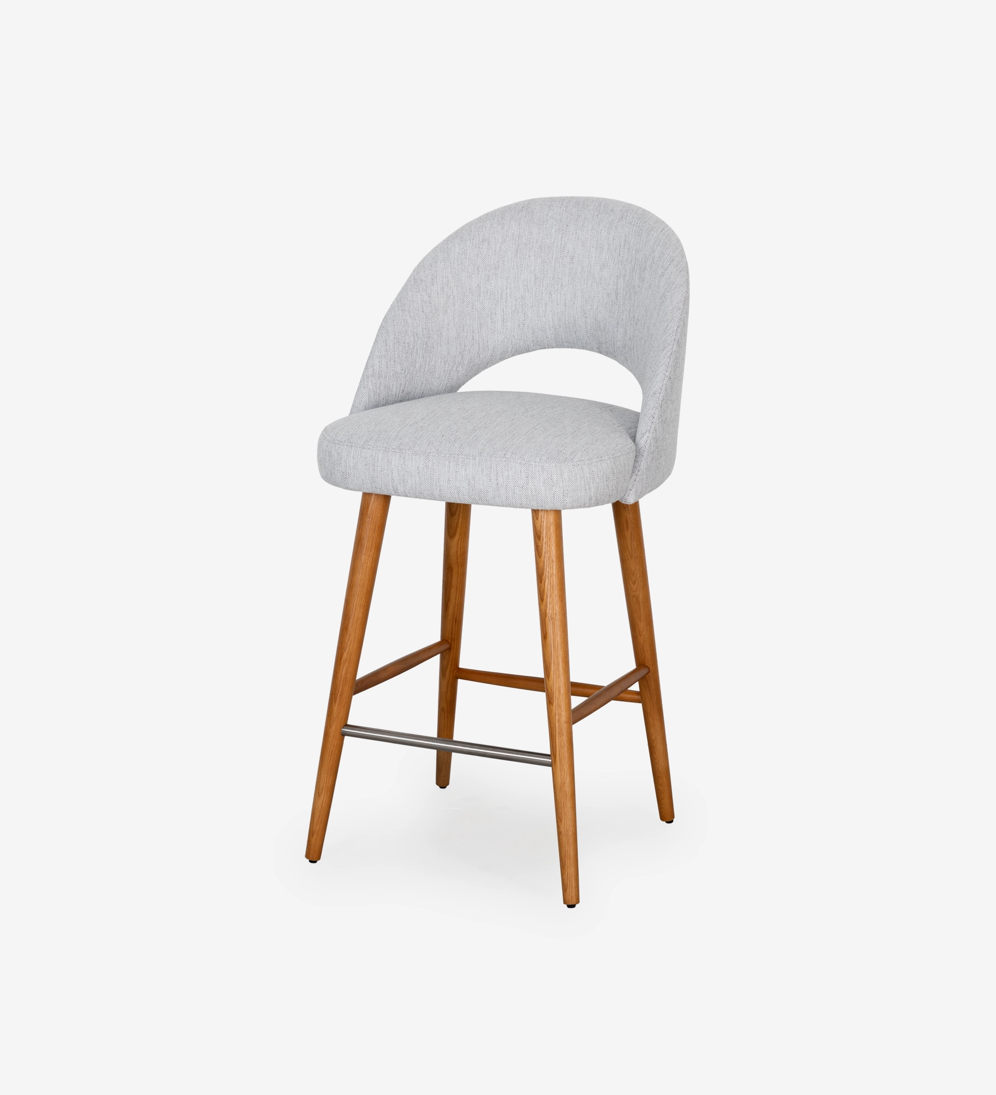 Stool with light grey fabric upholstered, with honey-colored wooden feet.