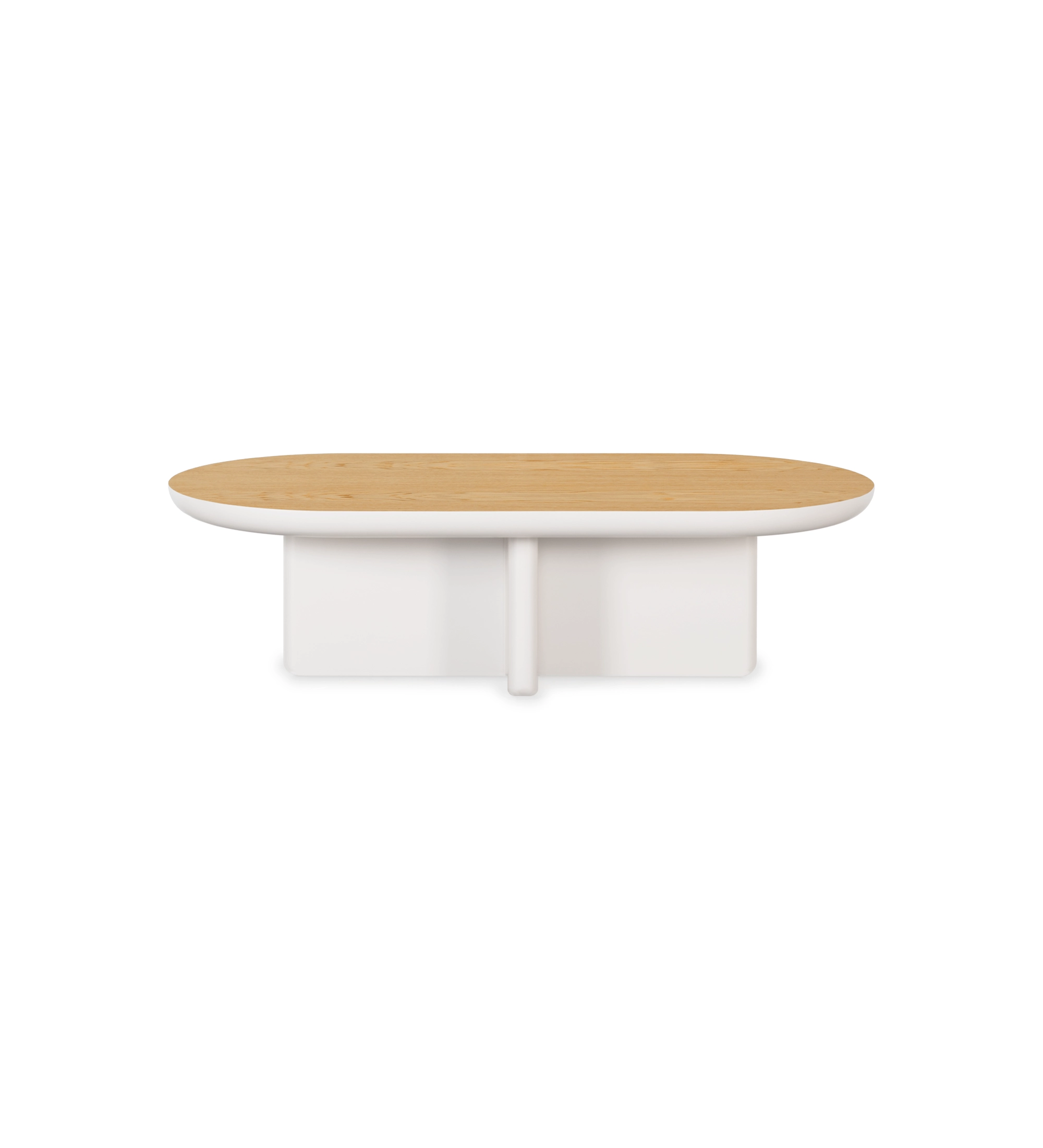 Mónaco rectangular center table, natural oak top, pearl lacquered foot, 120 x 60 cm.