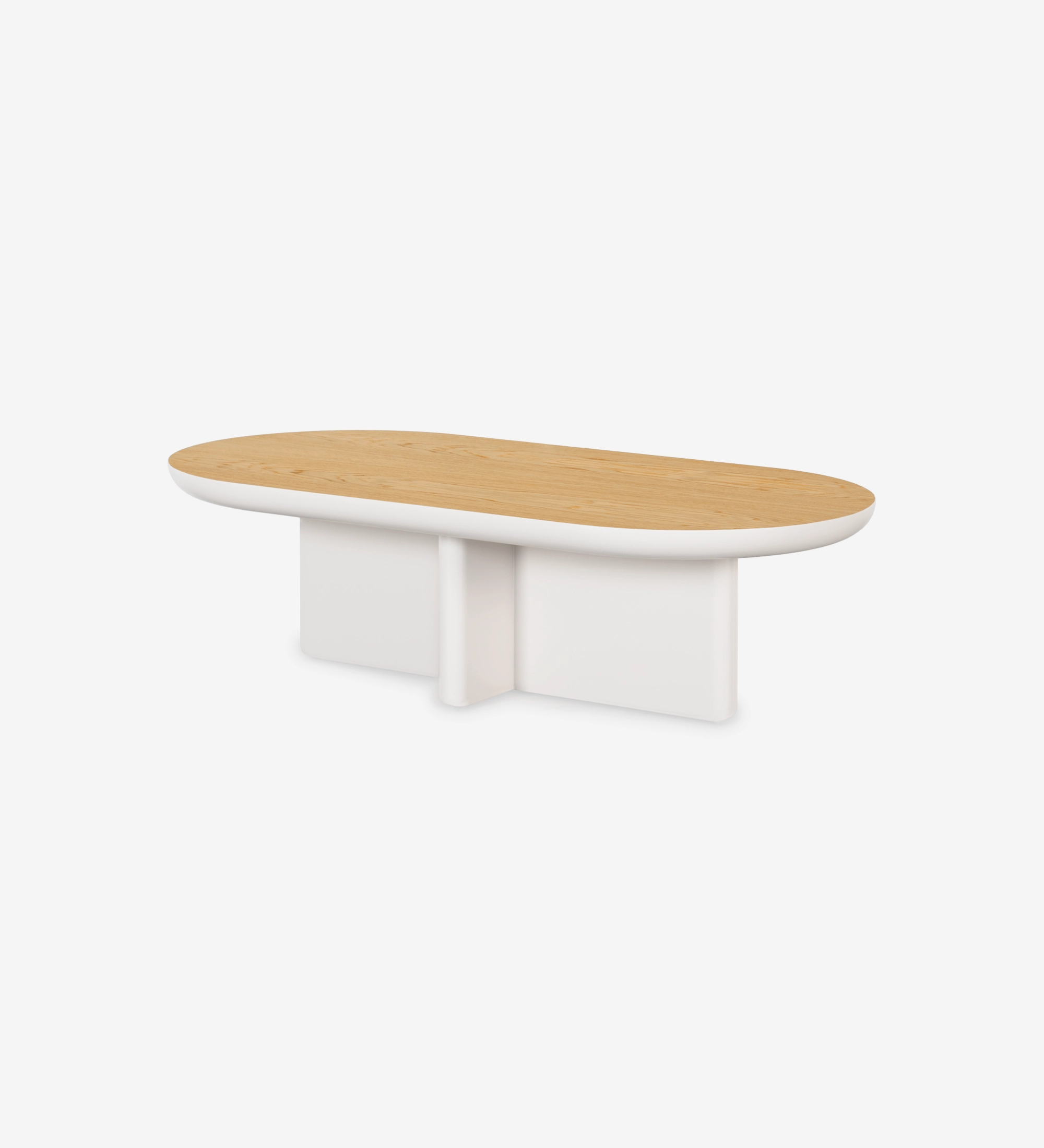 Table basse Mónaco rectangulaire, plateau en chêne naturel, piètement laqué perle, 120 x 60 cm.