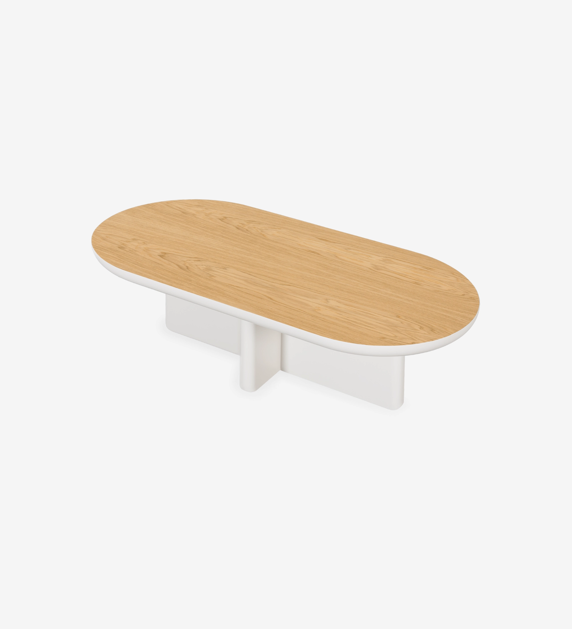 Table basse Mónaco rectangulaire, plateau en chêne naturel, piètement laqué perle, 120 x 60 cm.