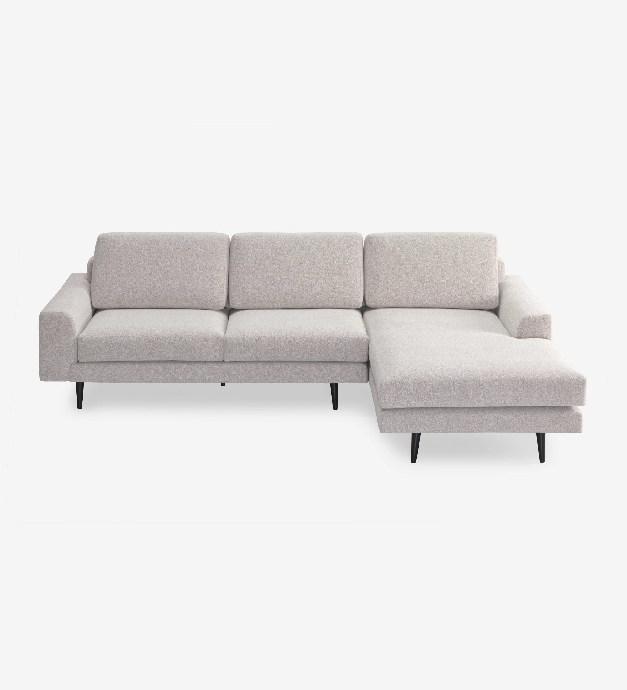 Canapé Oslo 2 places et chaise longue gauche, recouvert en tissu toffee, pieds laqués marron foncé, 262 cm.