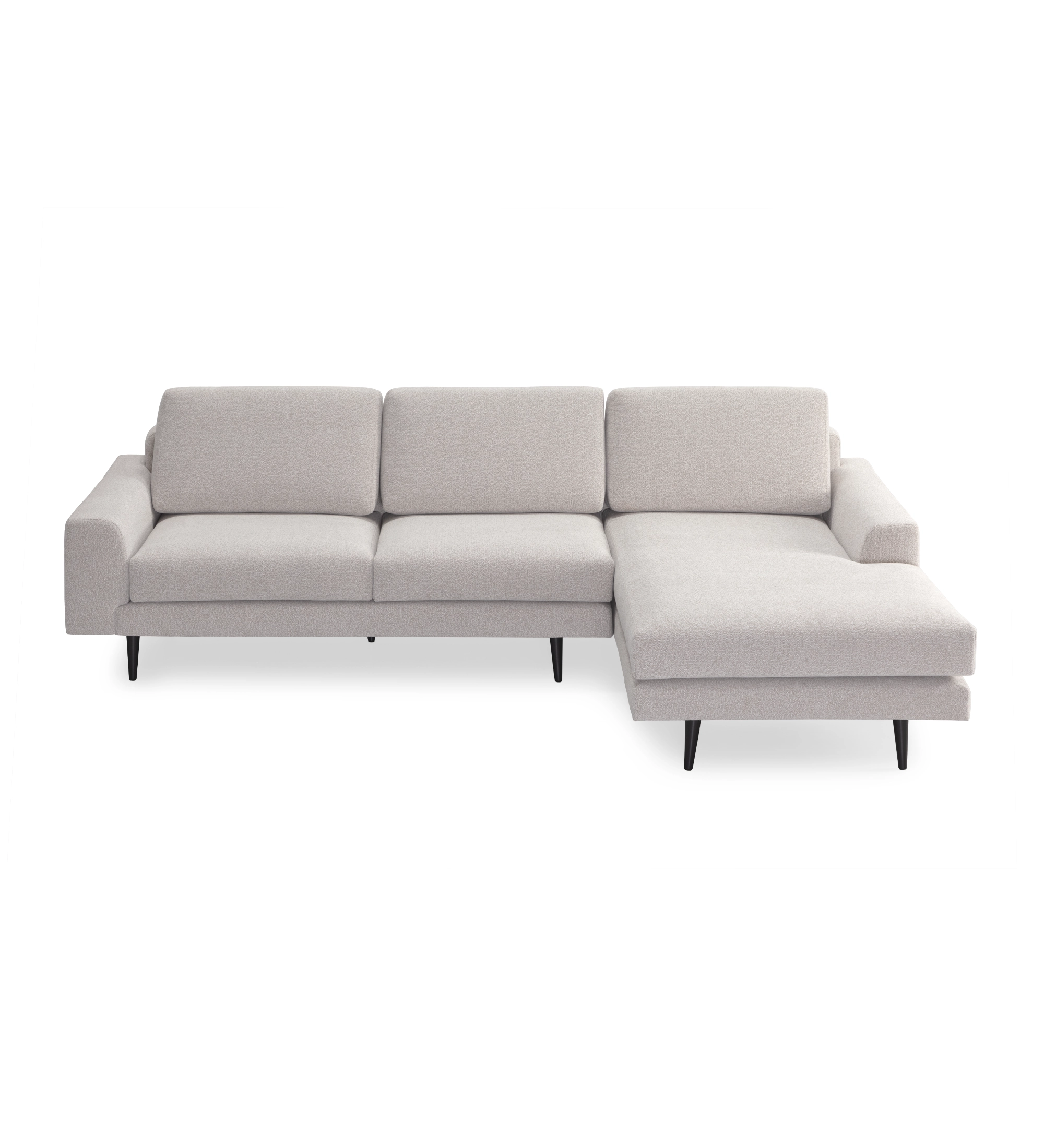 Canapé Oslo 2 places et chaise longue gauche, recouvert en tissu toffee, pieds laqués marron foncé, 262 cm.