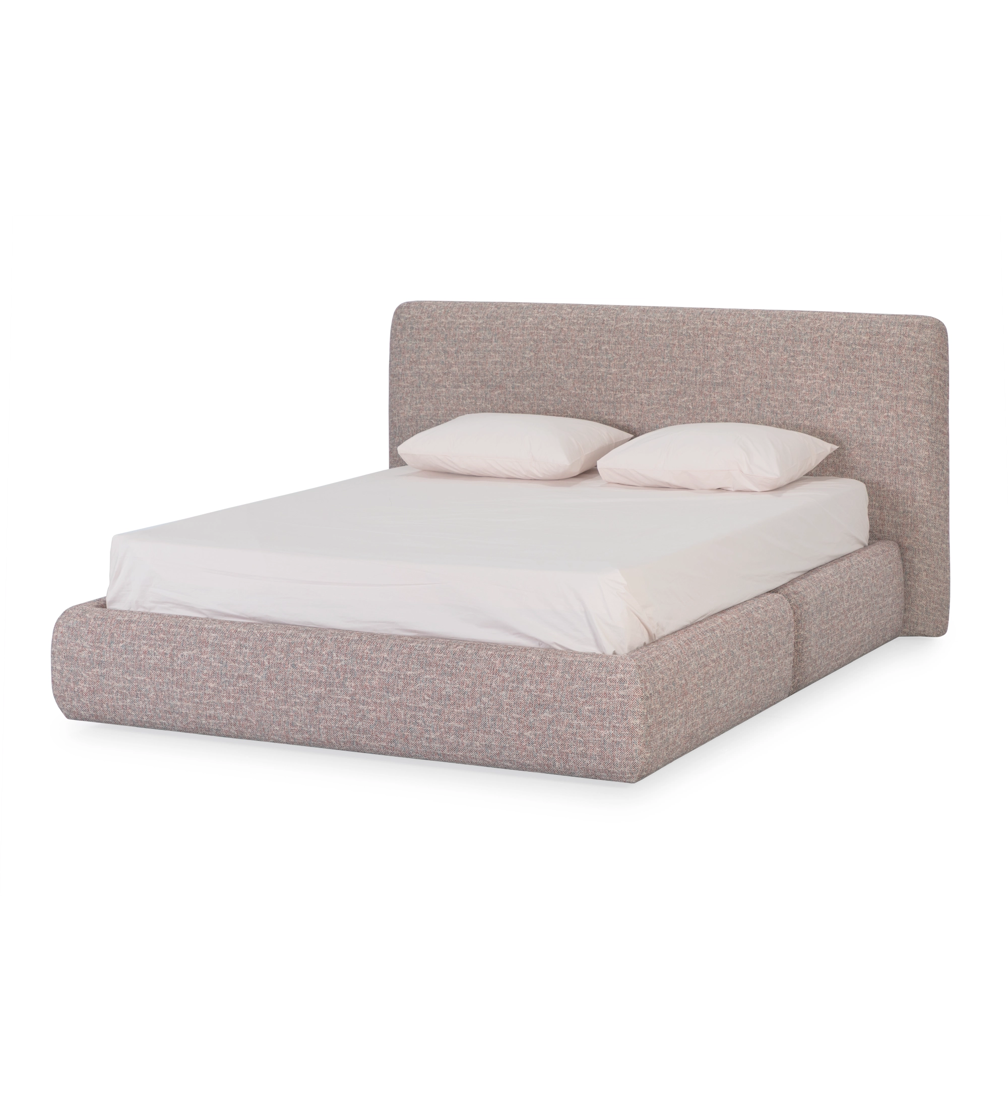 Double bed with short headboard, upholstered in multicolored fabric, primarily red and blue.