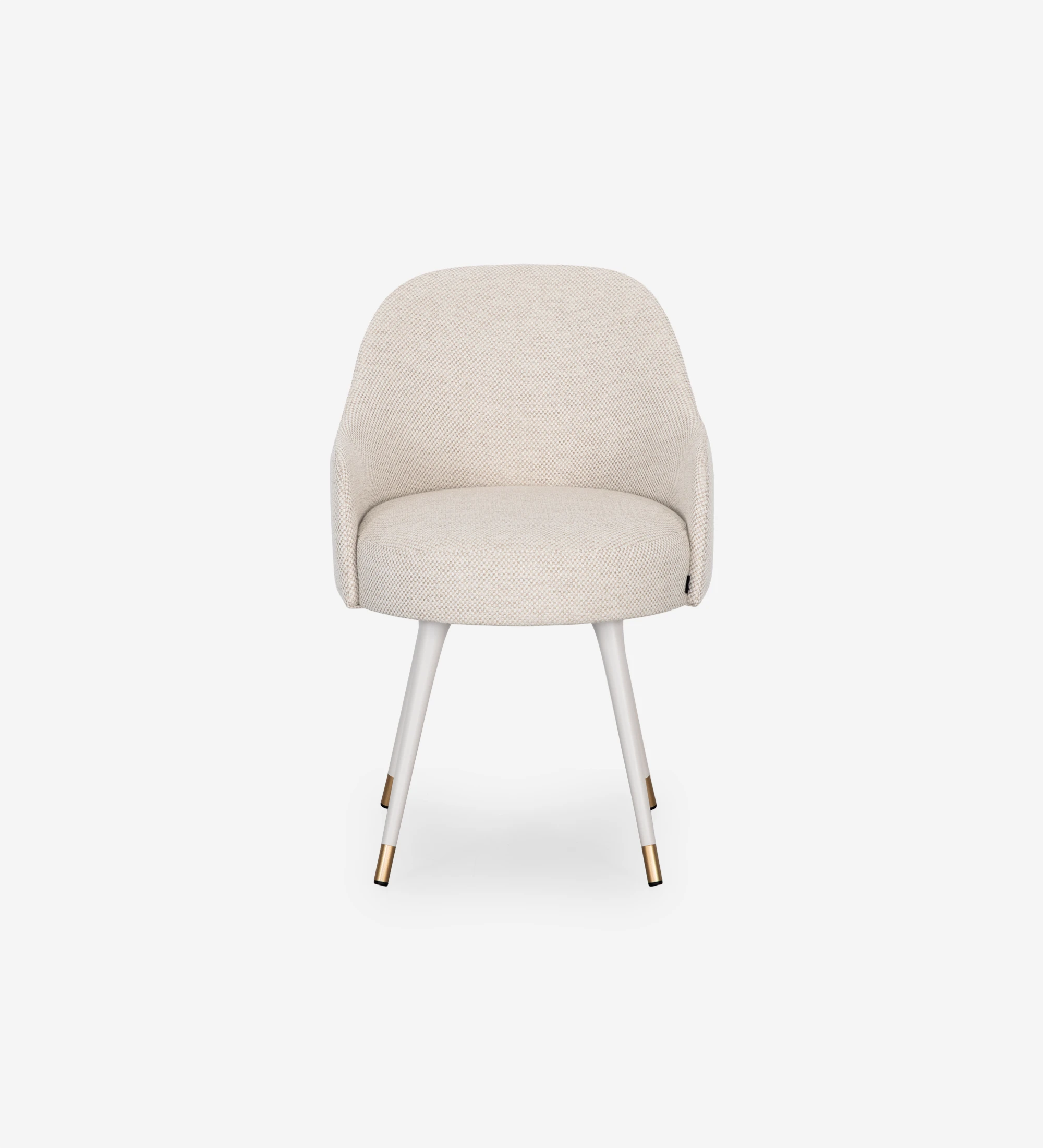 Beige fabric upholstered swivel chair with pearl lacquered feet and gold detailing.