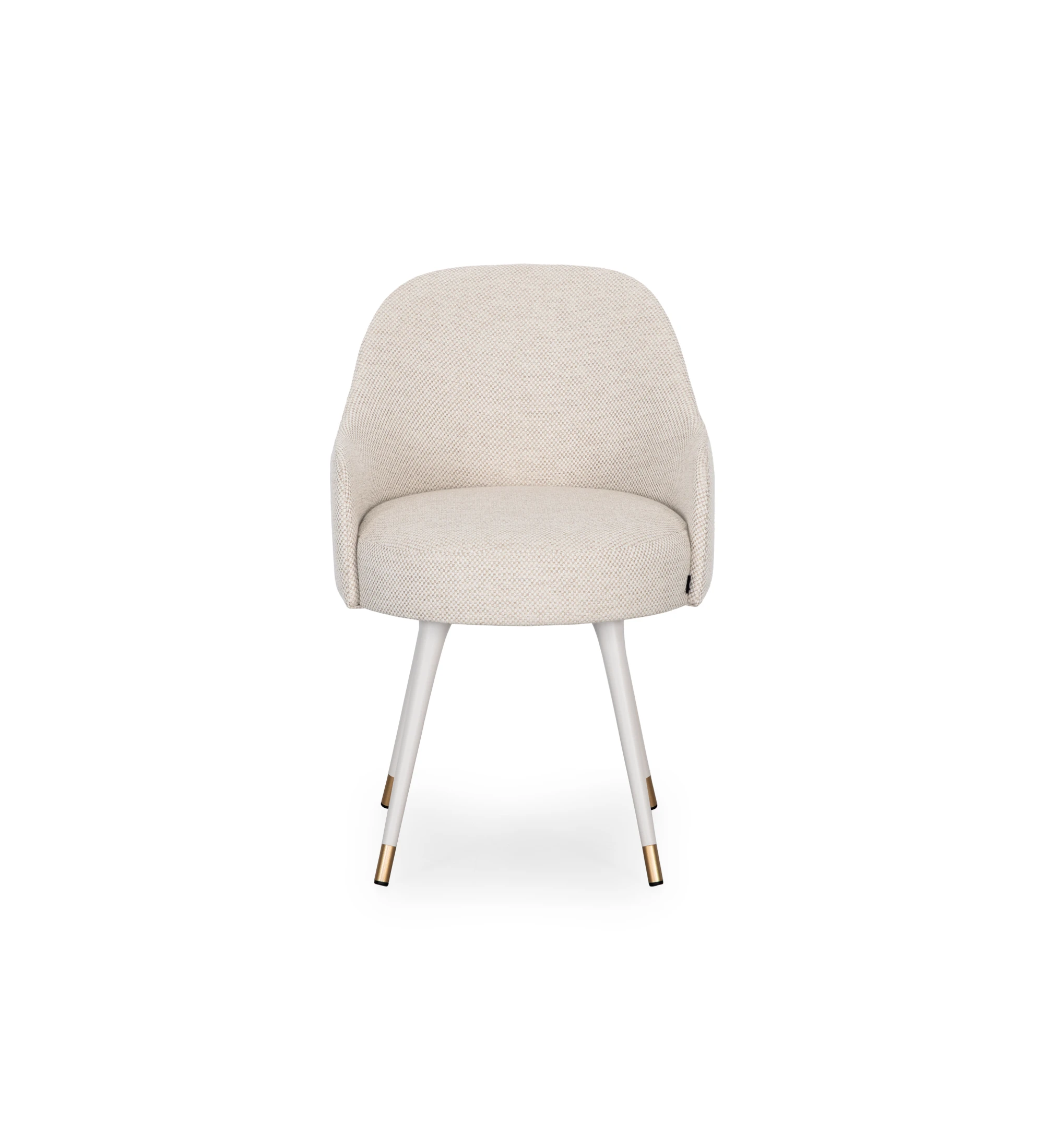Beige fabric upholstered swivel chair with pearl lacquered feet and gold detailing.