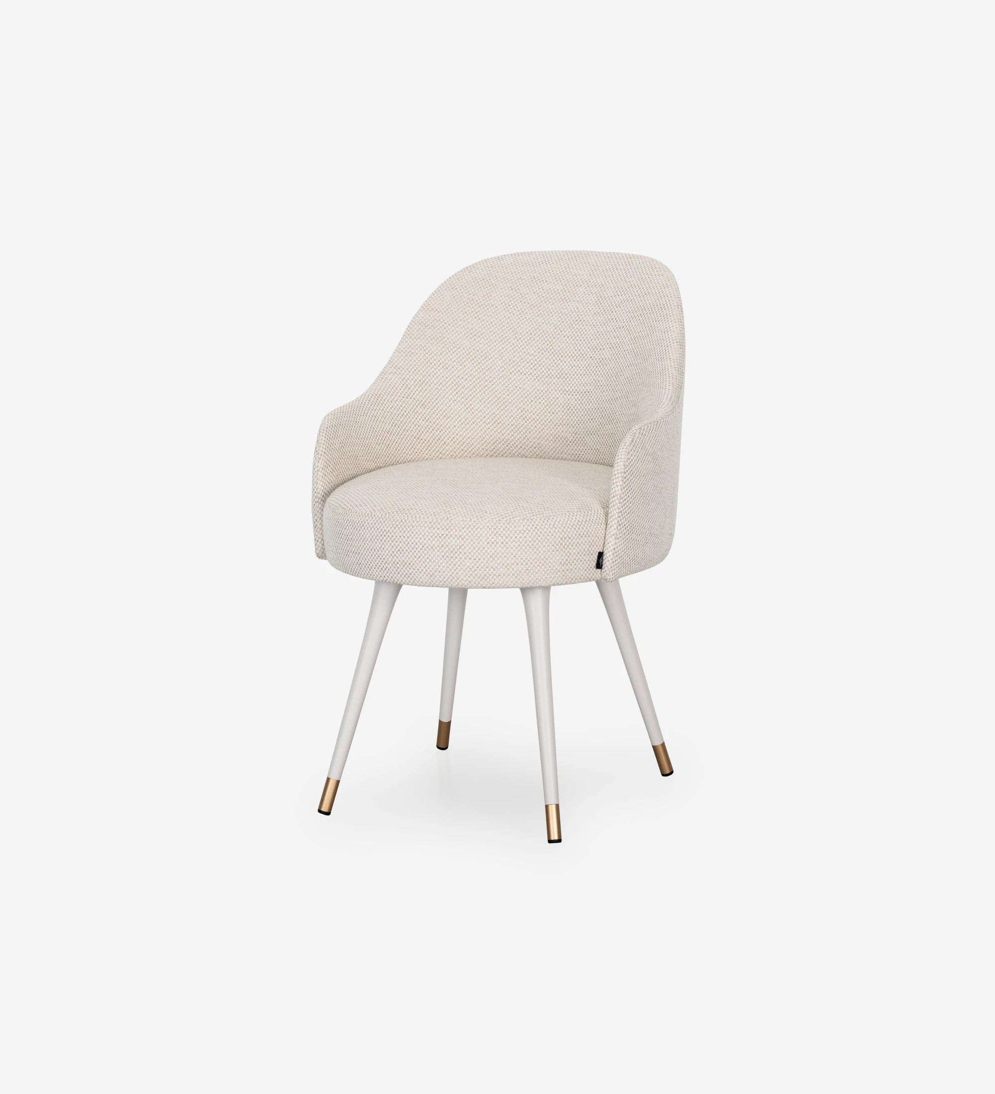 Beige fabric upholstered swivel chair with pearl lacquered feet and gold detailing.