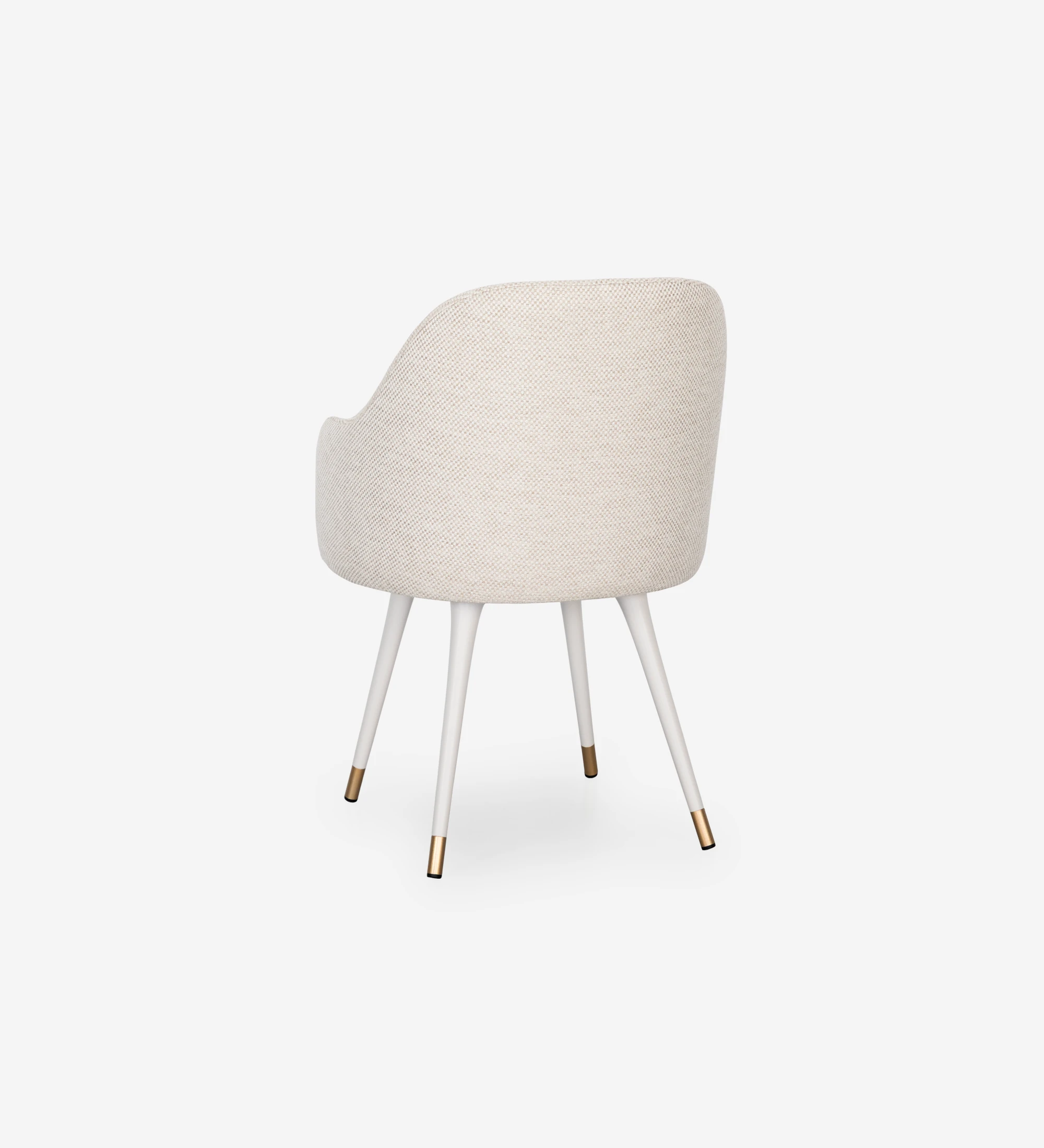 Beige fabric upholstered swivel chair with pearl lacquered feet and gold detailing.