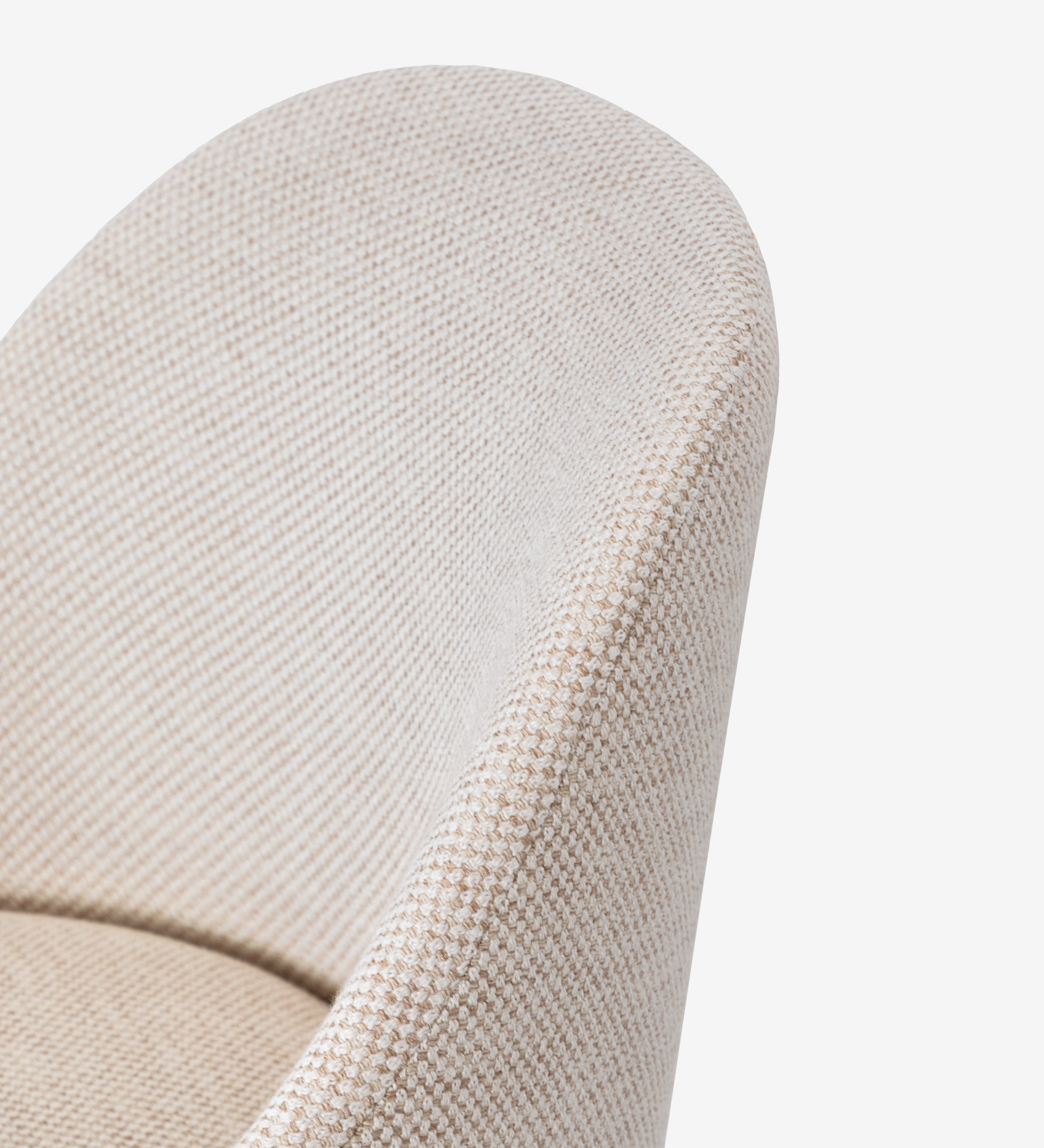 Beige fabric upholstered swivel chair with pearl lacquered feet and gold detailing.
