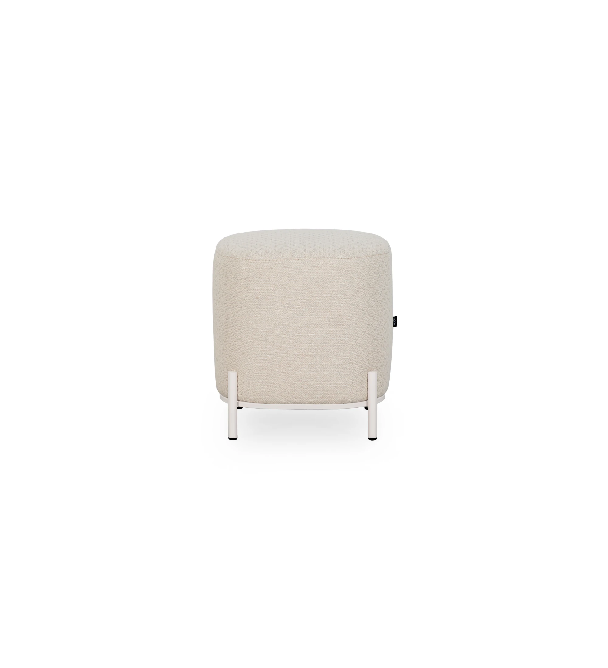 Cannes square puff, upholstered in beige fabric, pearl lacquered metallic feet, 38 x 38 cm.