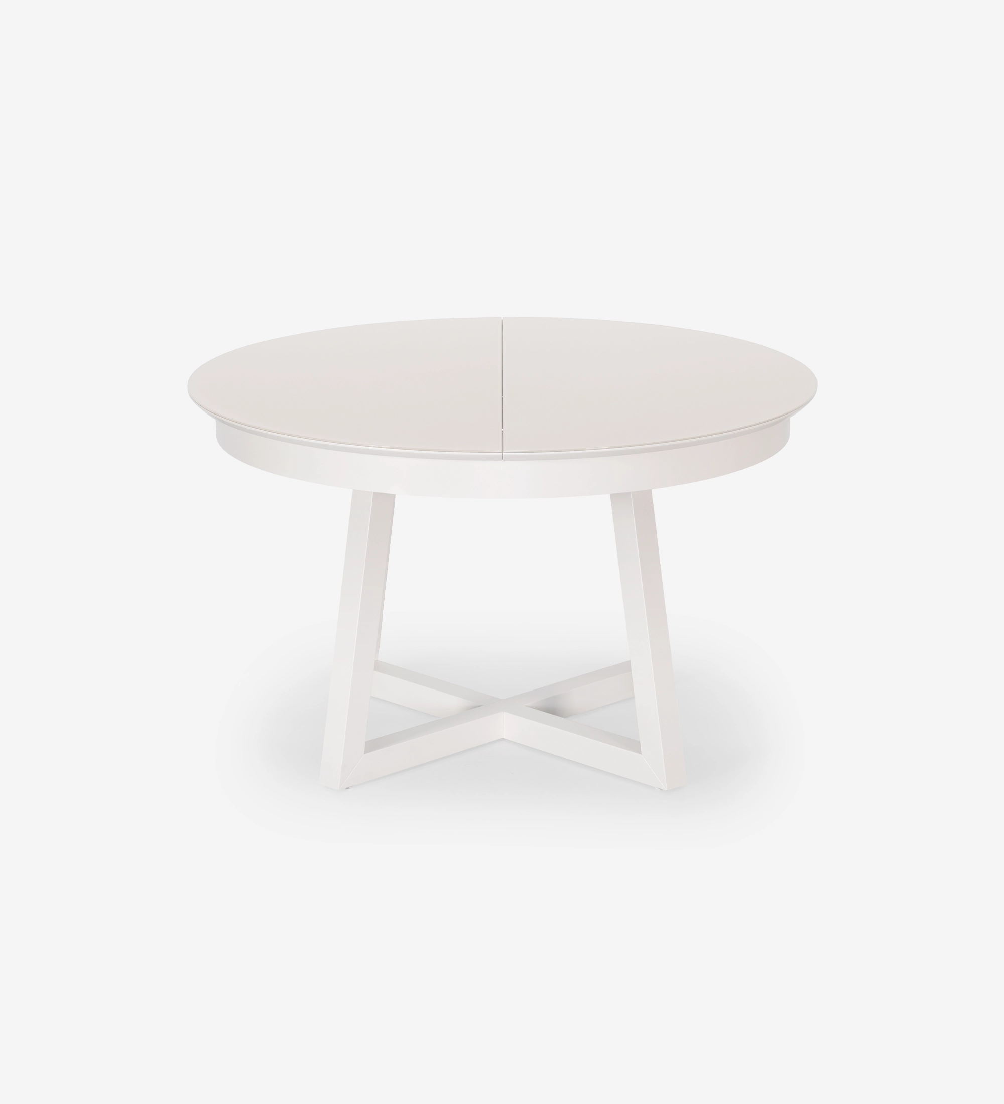 Round extendable dining table in pearl lacquer with glass top and pearl lacquer extension.