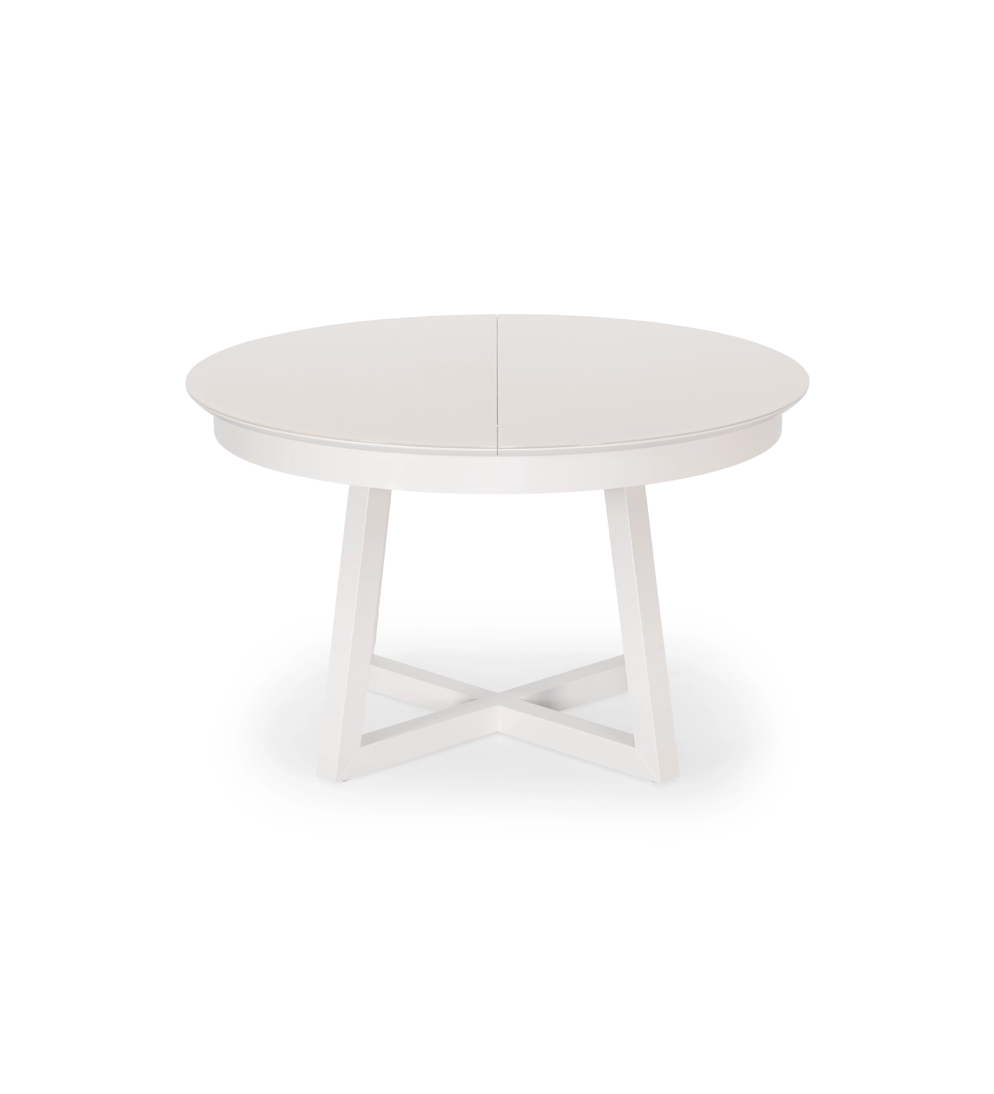 Mesa de comedor redonda extensible en lacado perla con tapa de cristal y extensión en lacado perla.