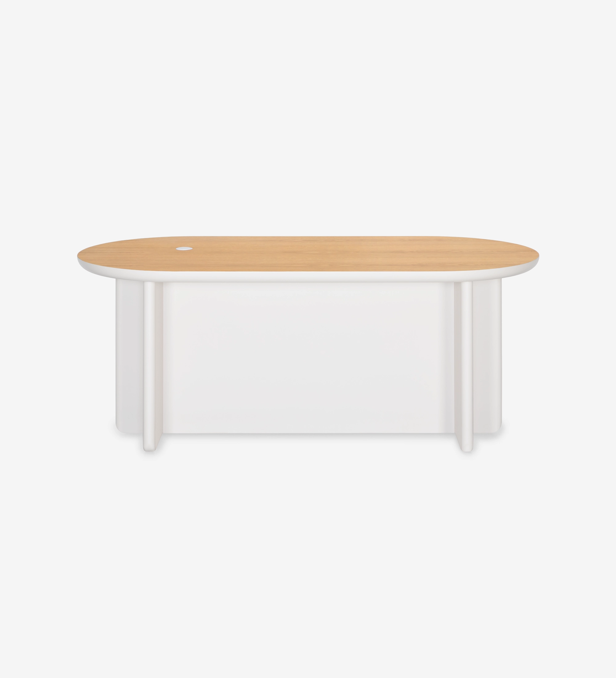 Desk with natural oak top and pearl lacquer legs.