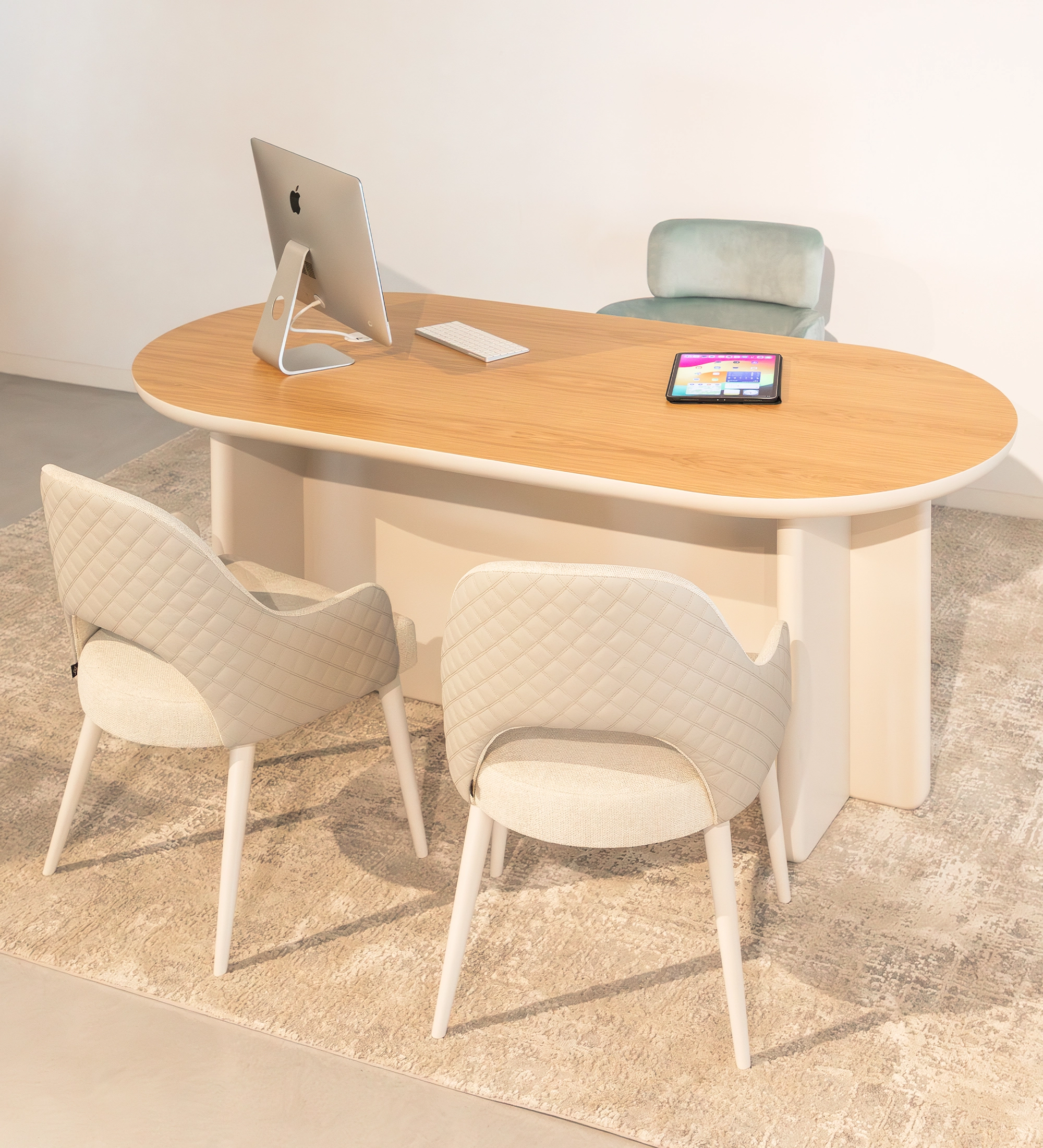 Desk with natural oak top and pearl lacquer legs.