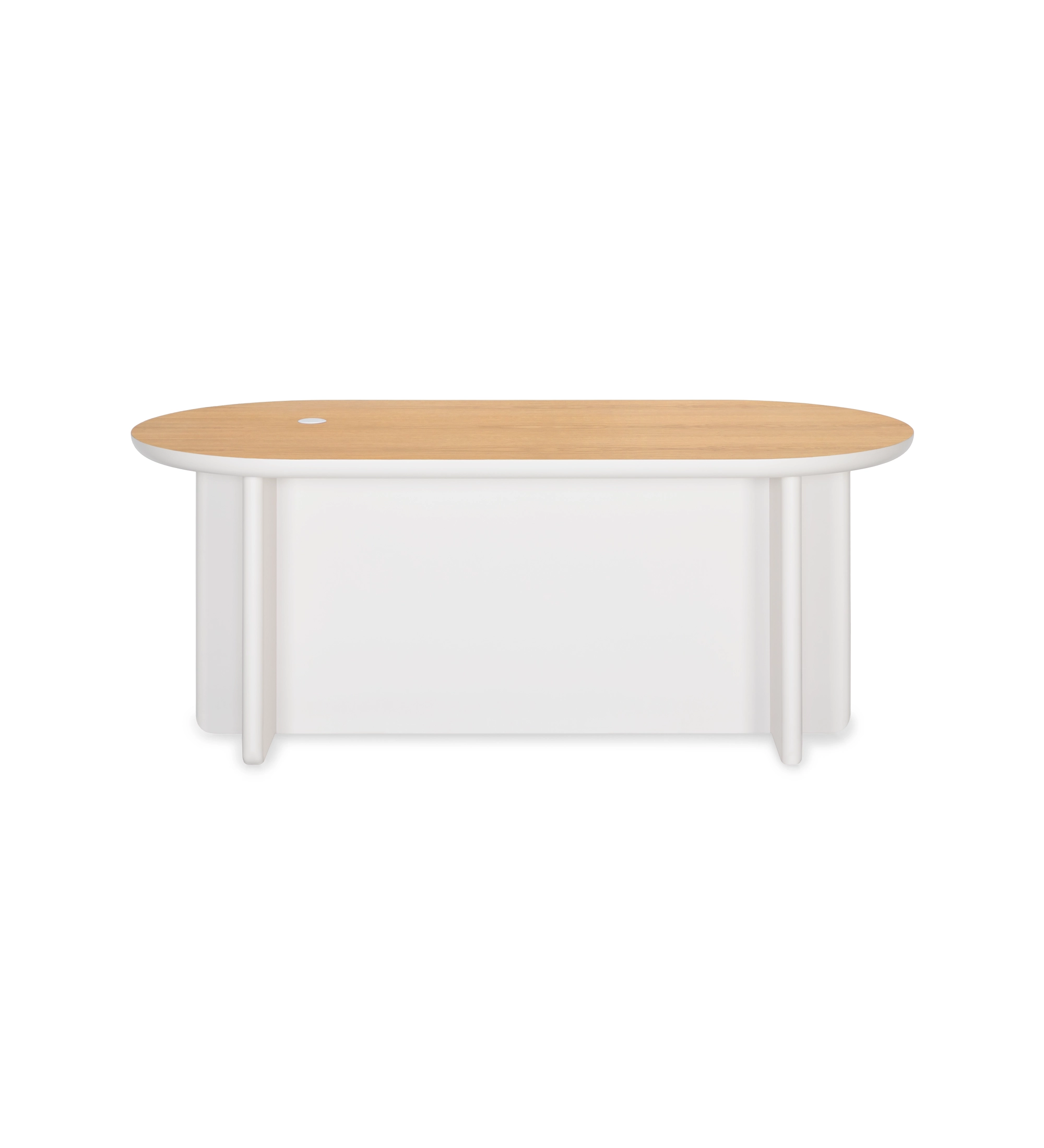 Desk with natural oak top and pearl lacquer legs.