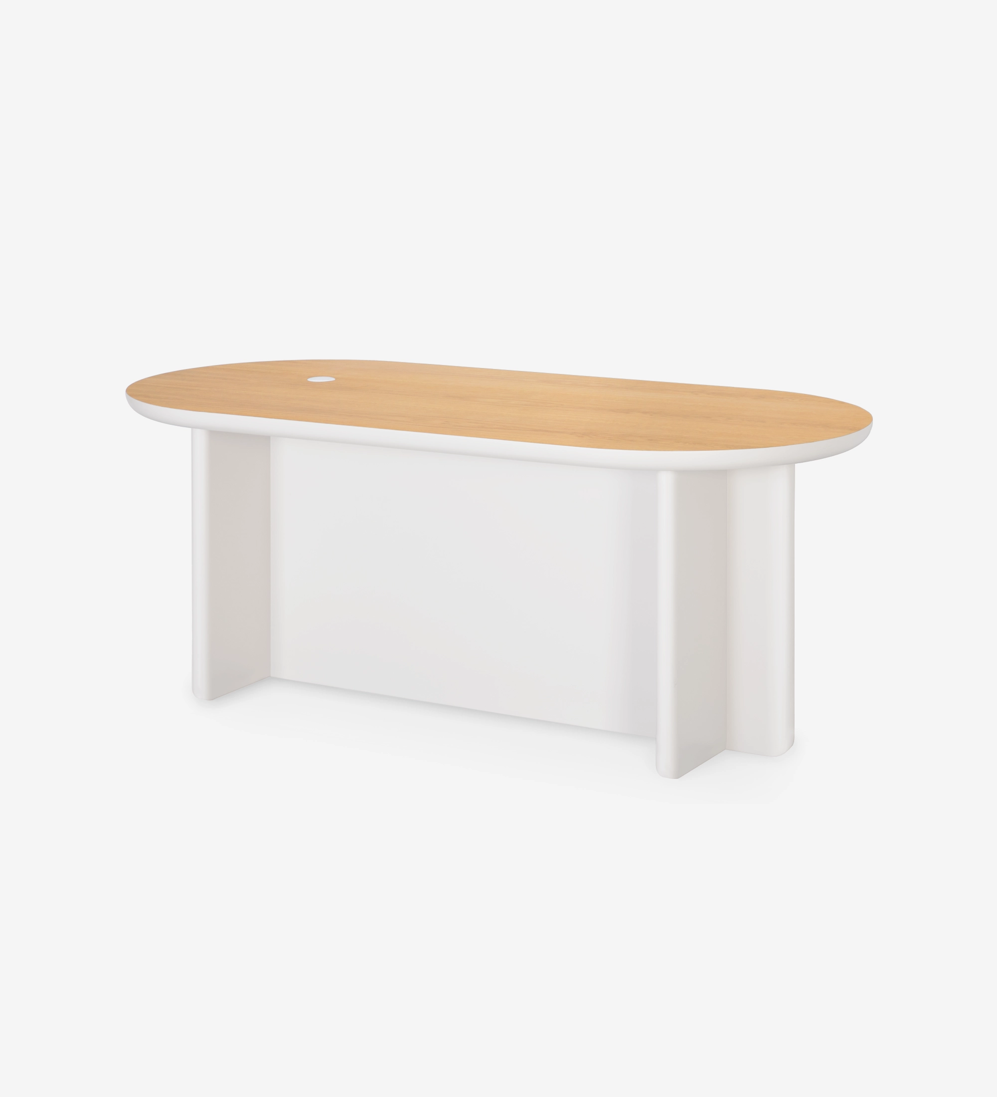 Desk with natural oak top and pearl lacquer legs.