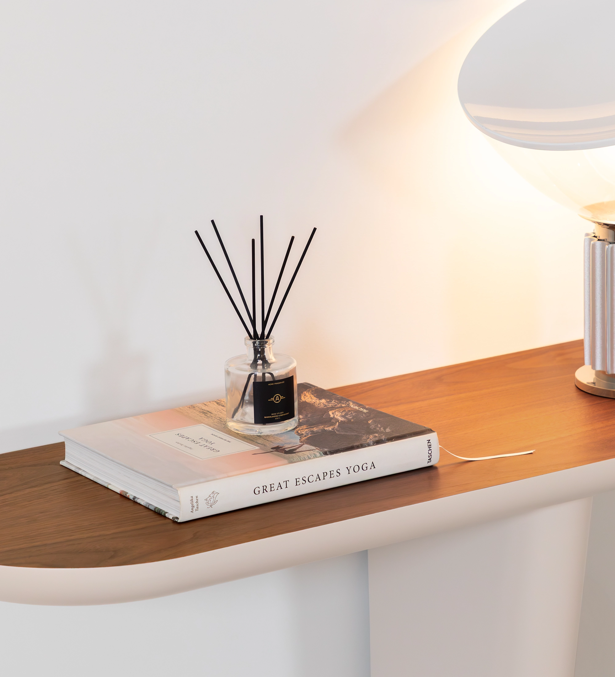 Console with natural walnut top and pearl lacquered foot