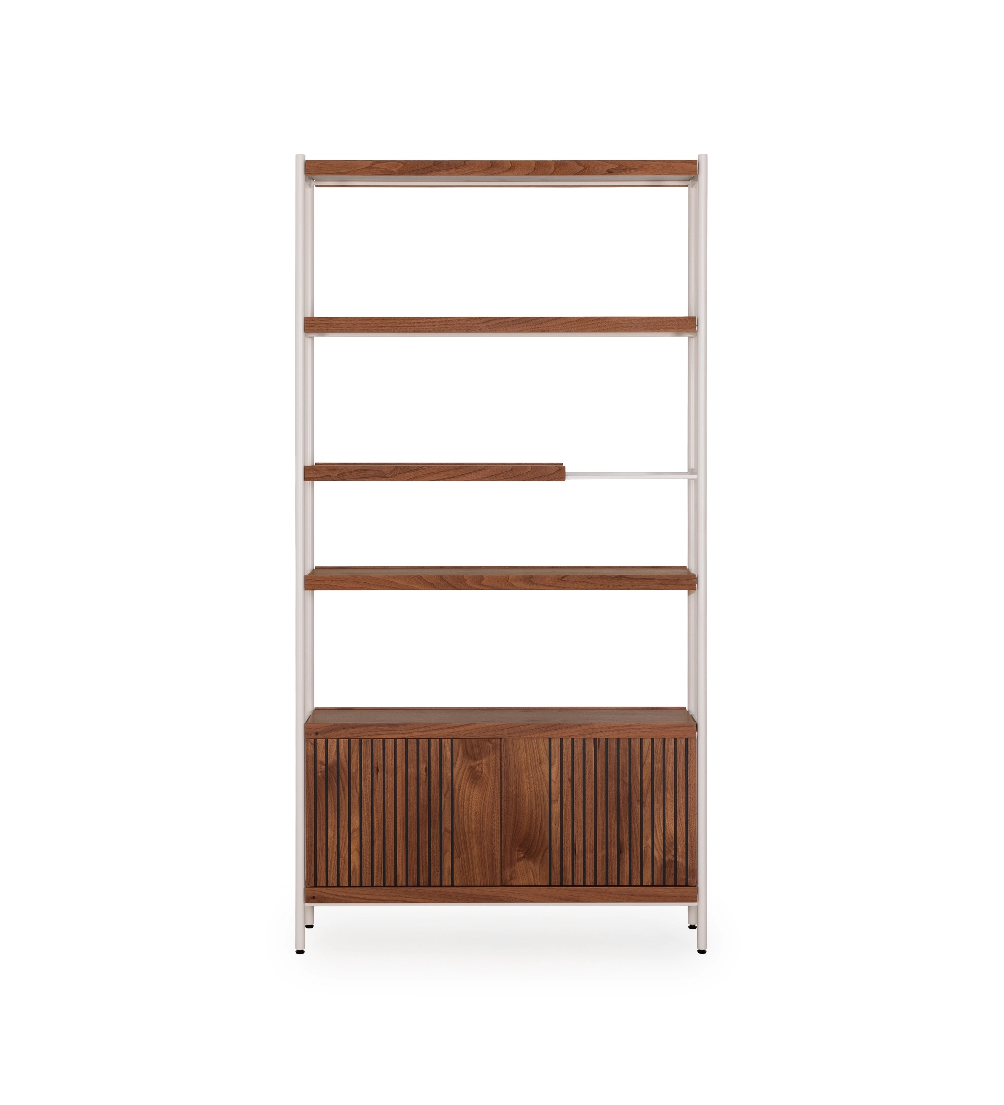 Cannes bookcase in natural walnut, featuring a 2-door module, pearl-lacquered metal frame, and adjustable leveling feet, 105 x 203 cm.