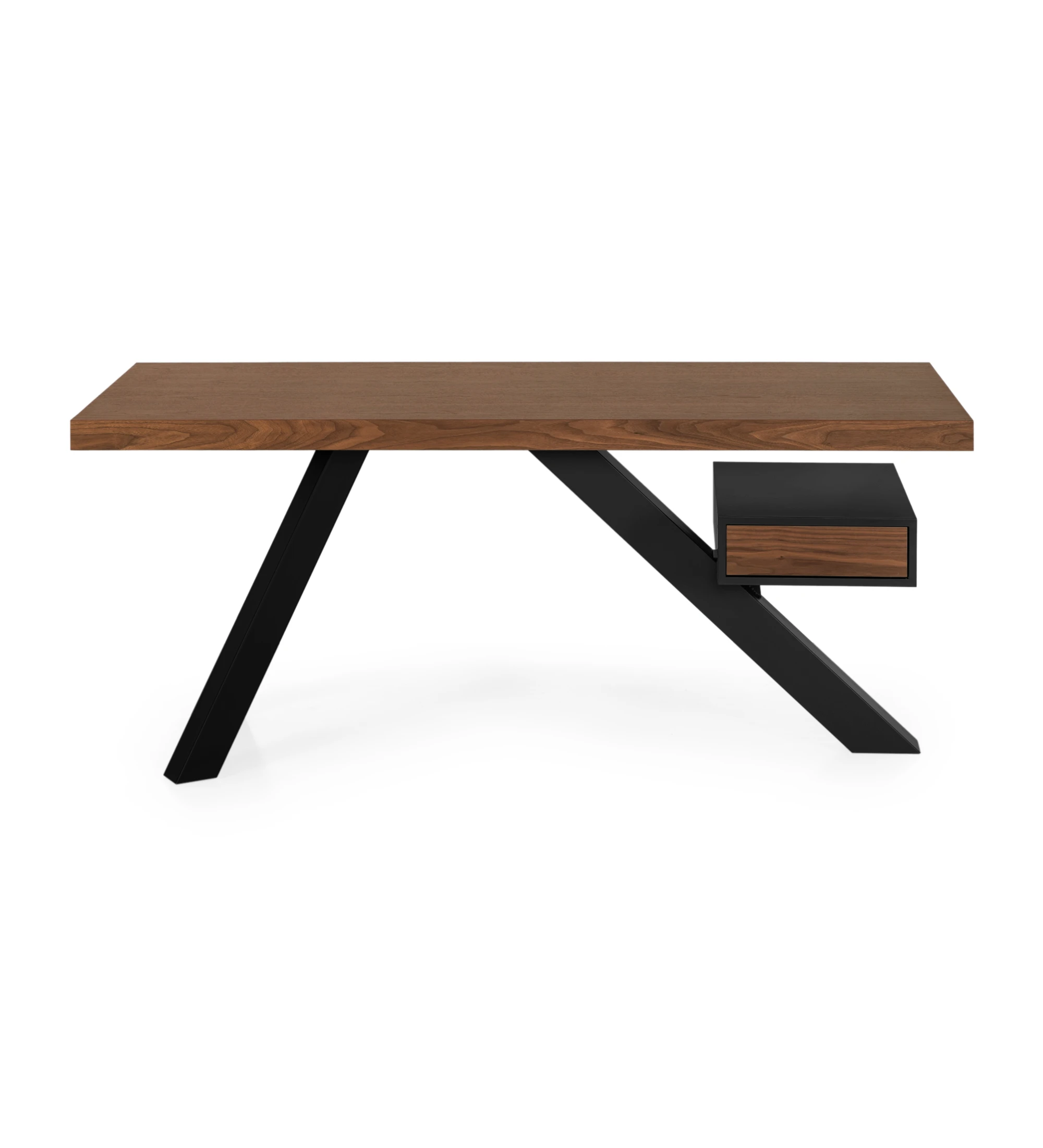 Desk with natural walnut wood top, black lacquered drawer module and metalic feet.