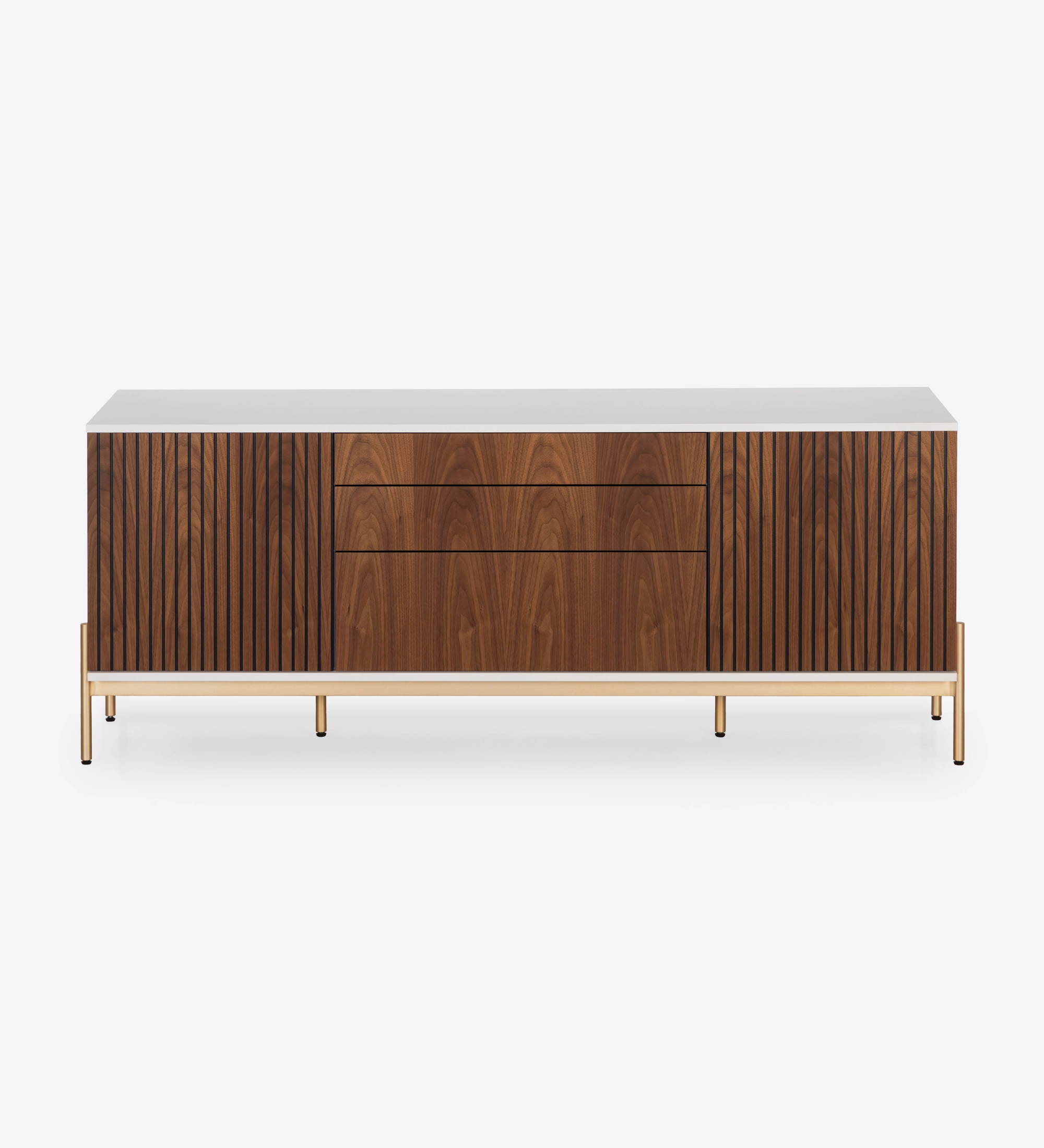 Sideboard with 2 friezes doors, 1 hinged door and two natural walnut drawers, pearl structure and gold lacquered metal feet with levelers.
