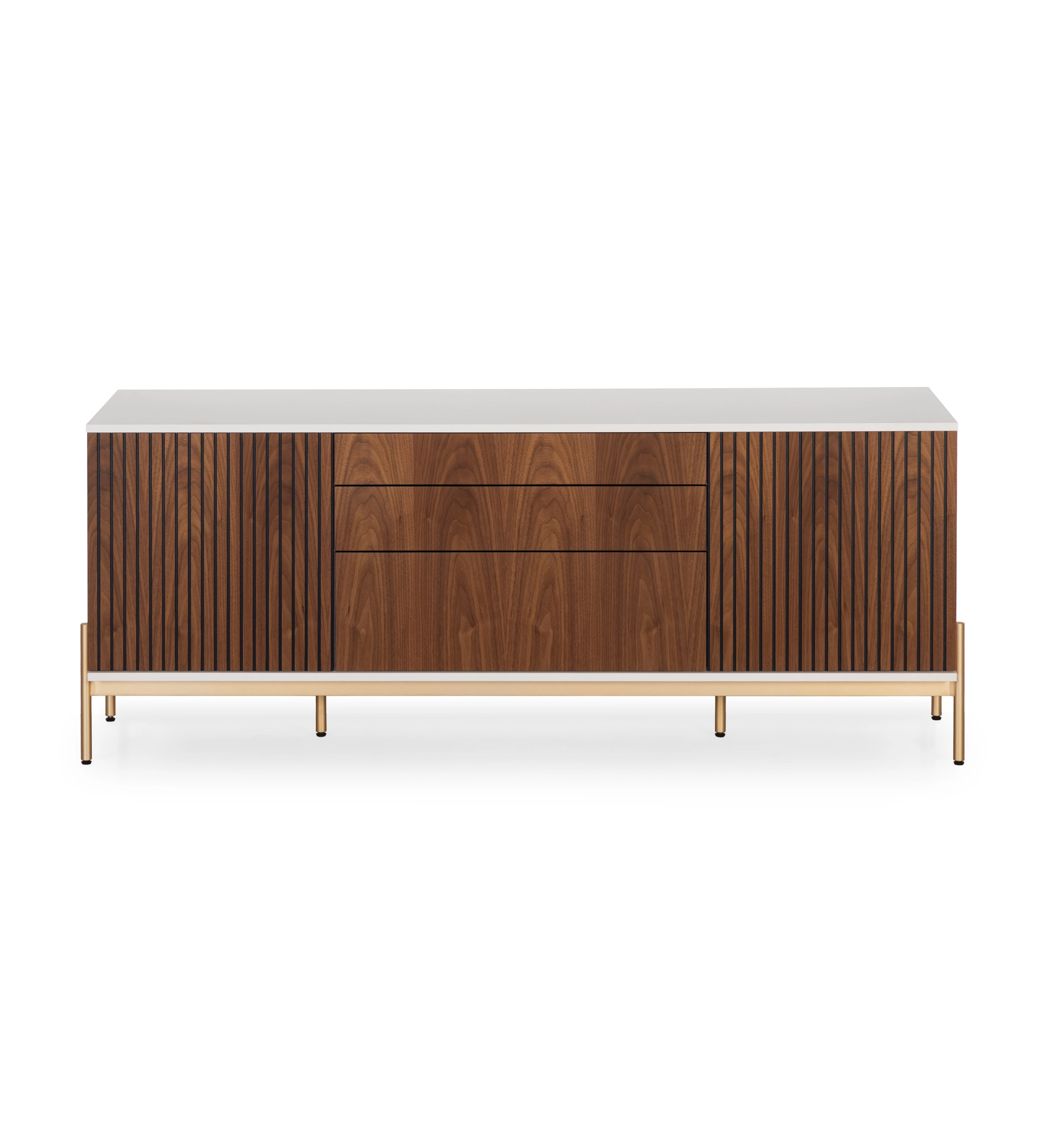 Sideboard with 2 friezes doors, 1 hinged door and two natural walnut drawers, pearl structure and gold lacquered metal feet with levelers.