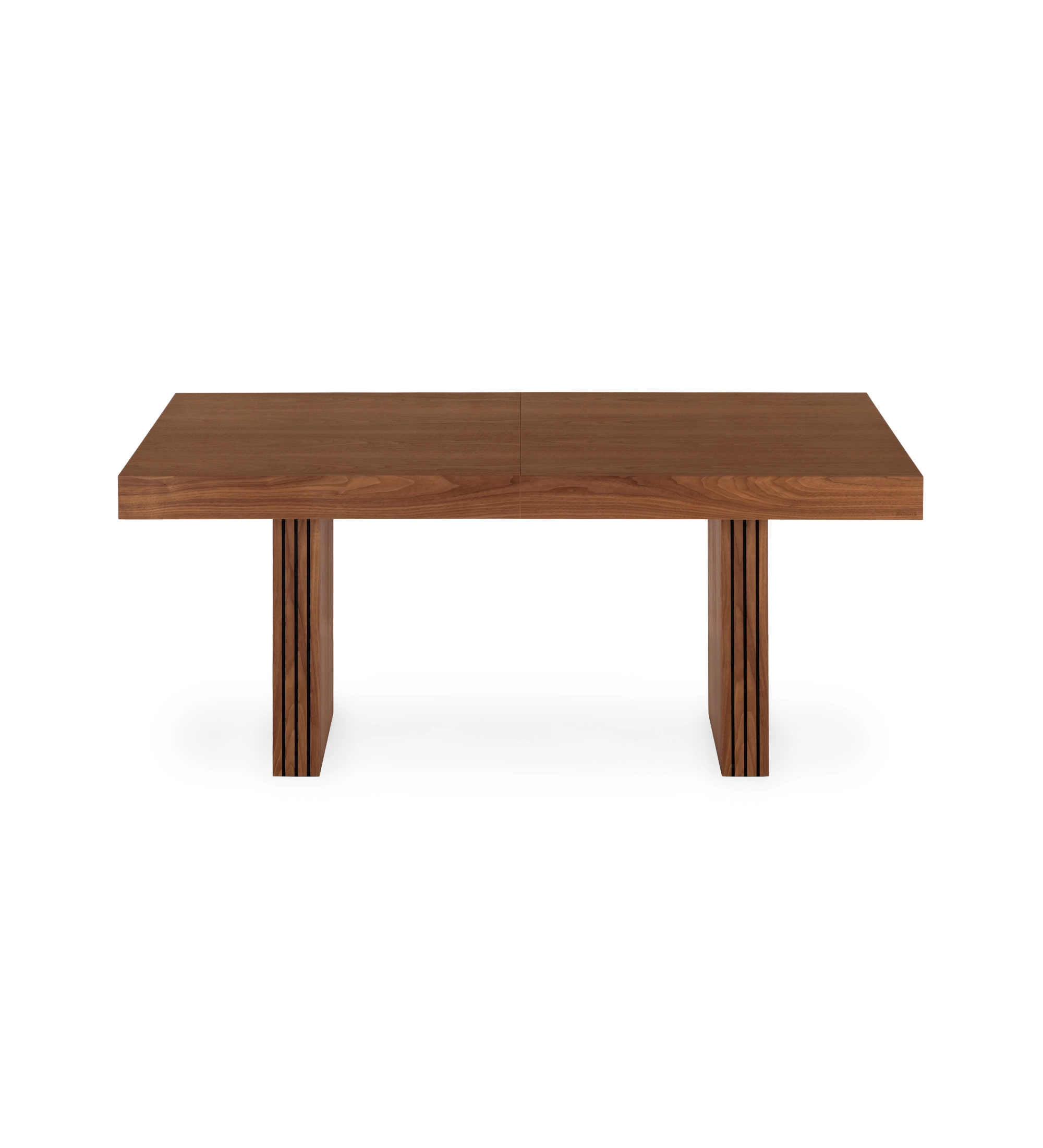 Table de salle à manger rectangulaire à rallonge en noyer naturel, pieds avec frises.