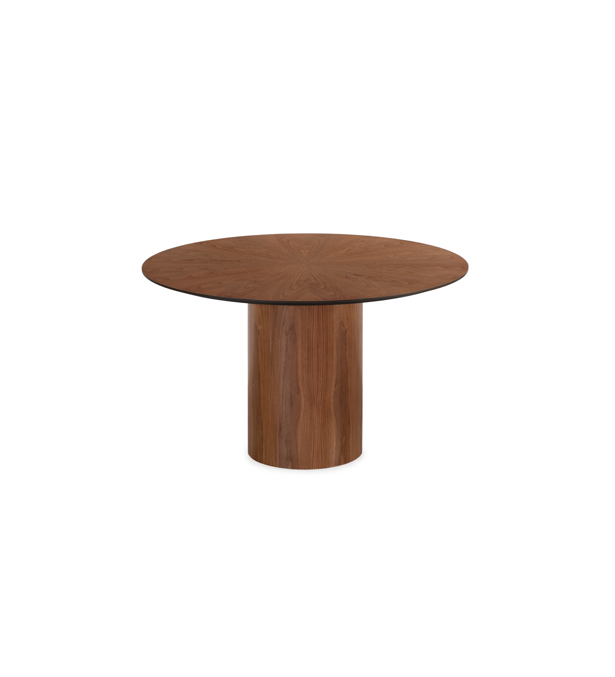 Table de salle à manger Geneve ronde Ø 130 cm, plateau en chevrons et pied en noyer naturel, détail du plateau laqué noir.