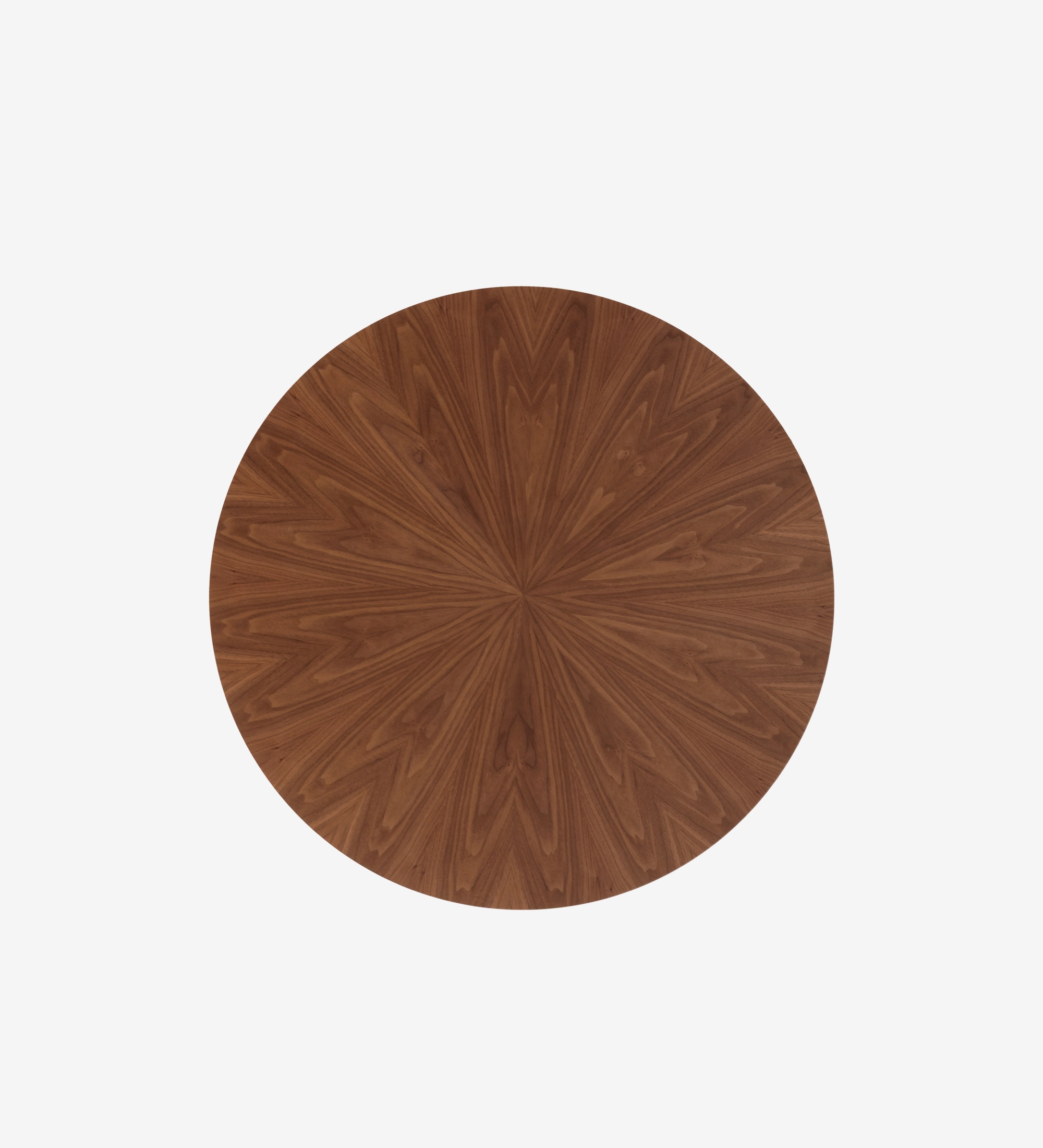 Mesa de jantar Geneve redonda Ø 130 cm, tampo espinhado e pé em nogueira natural, pormenor do tampo lacado a negro.