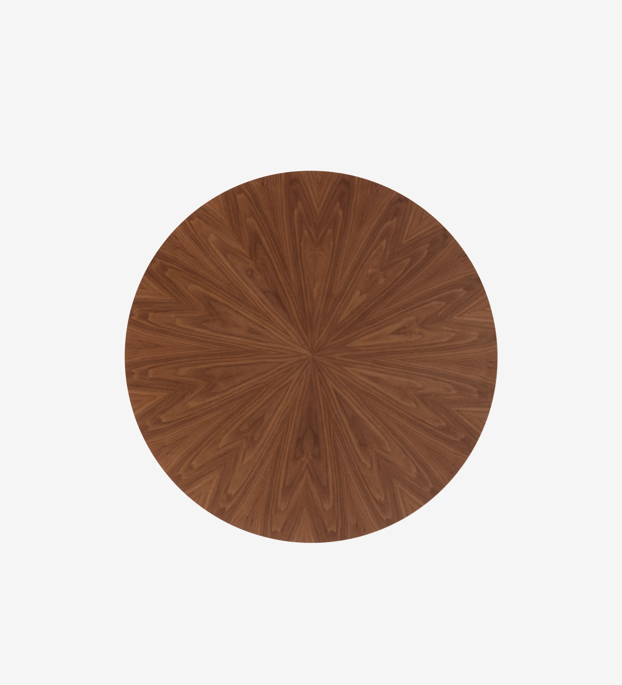 Mesa de jantar Geneve redonda Ø 130 cm, tampo espinhado e pé em nogueira natural, pormenor do tampo lacado a pérola.