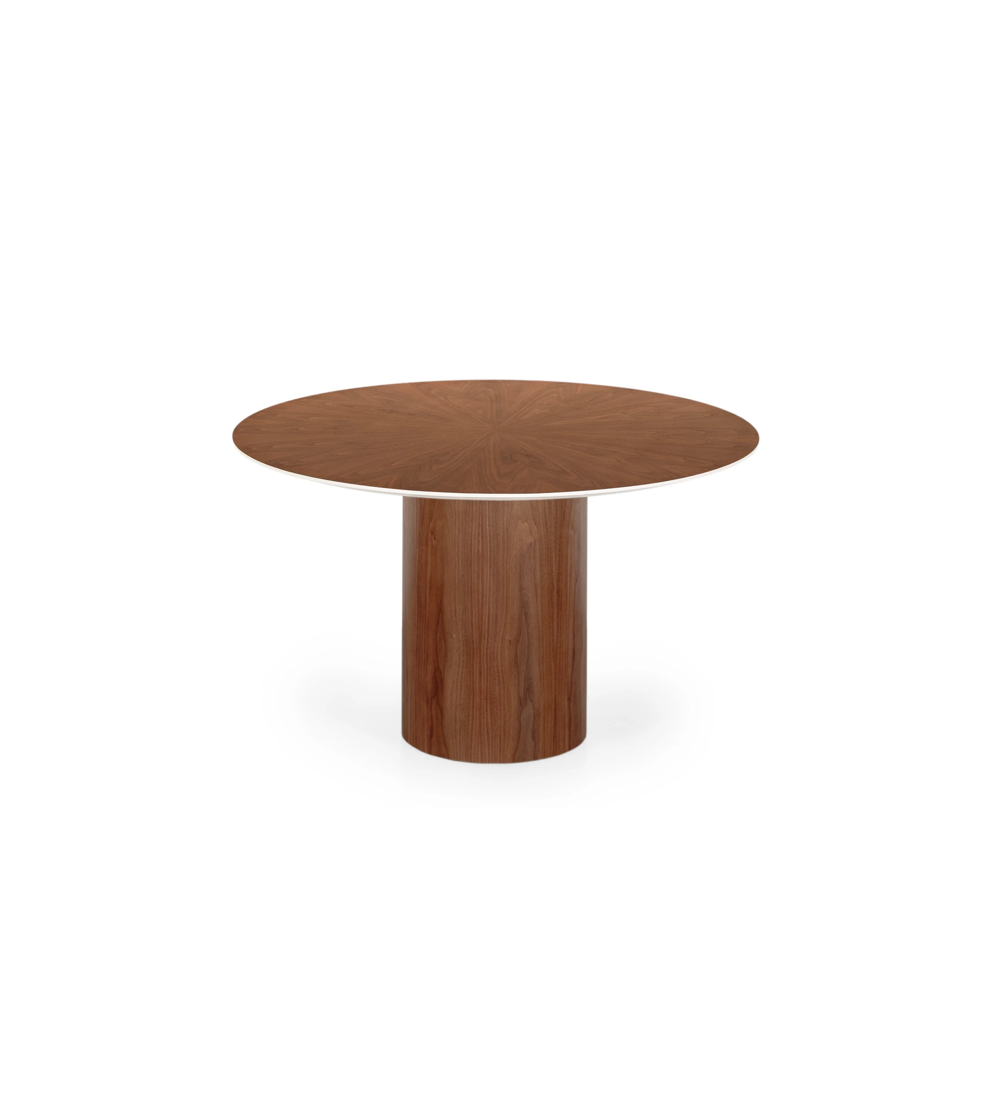 Mesa de jantar Geneve redonda Ø 130 cm, tampo espinhado e pé em nogueira natural, pormenor do tampo lacado a pérola.