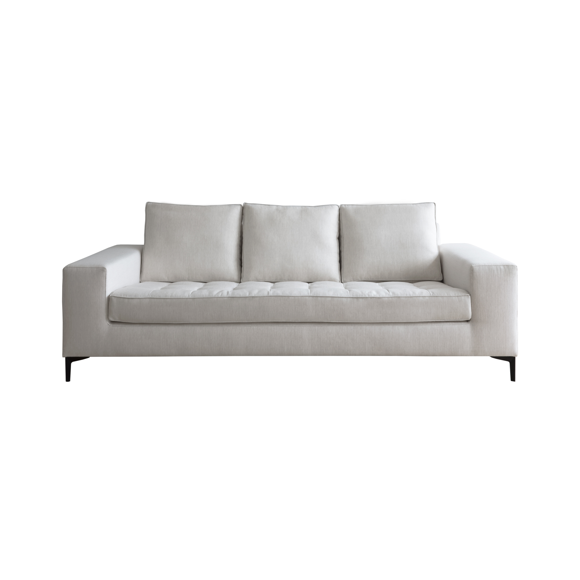 Sofá Barcelona 3 lugares, estofado a tecido, pés metálicos pretos