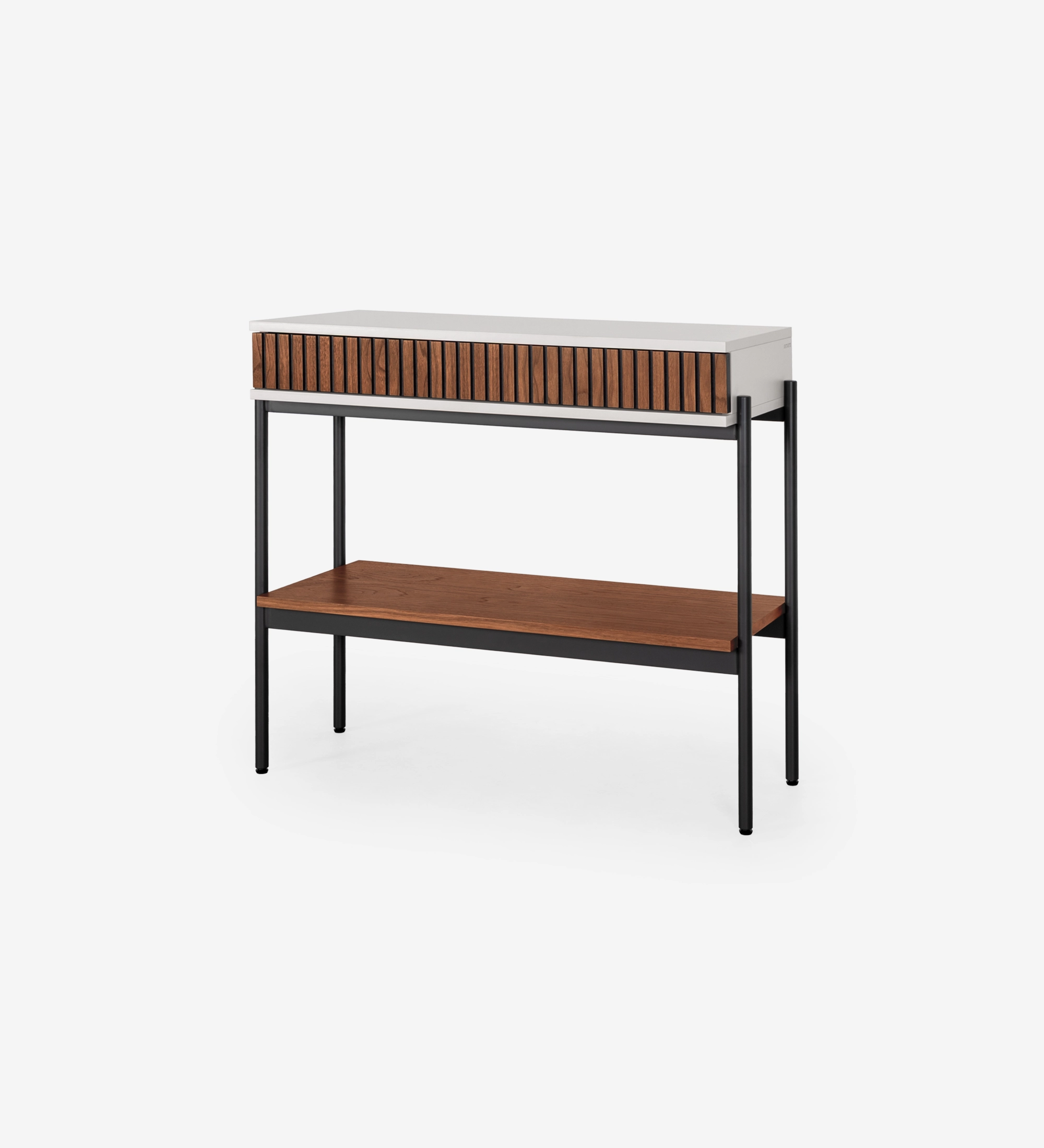 Consola con cajón y balda en nogal natural, estructura en perla y pies de metal lacado negro con niveladores.