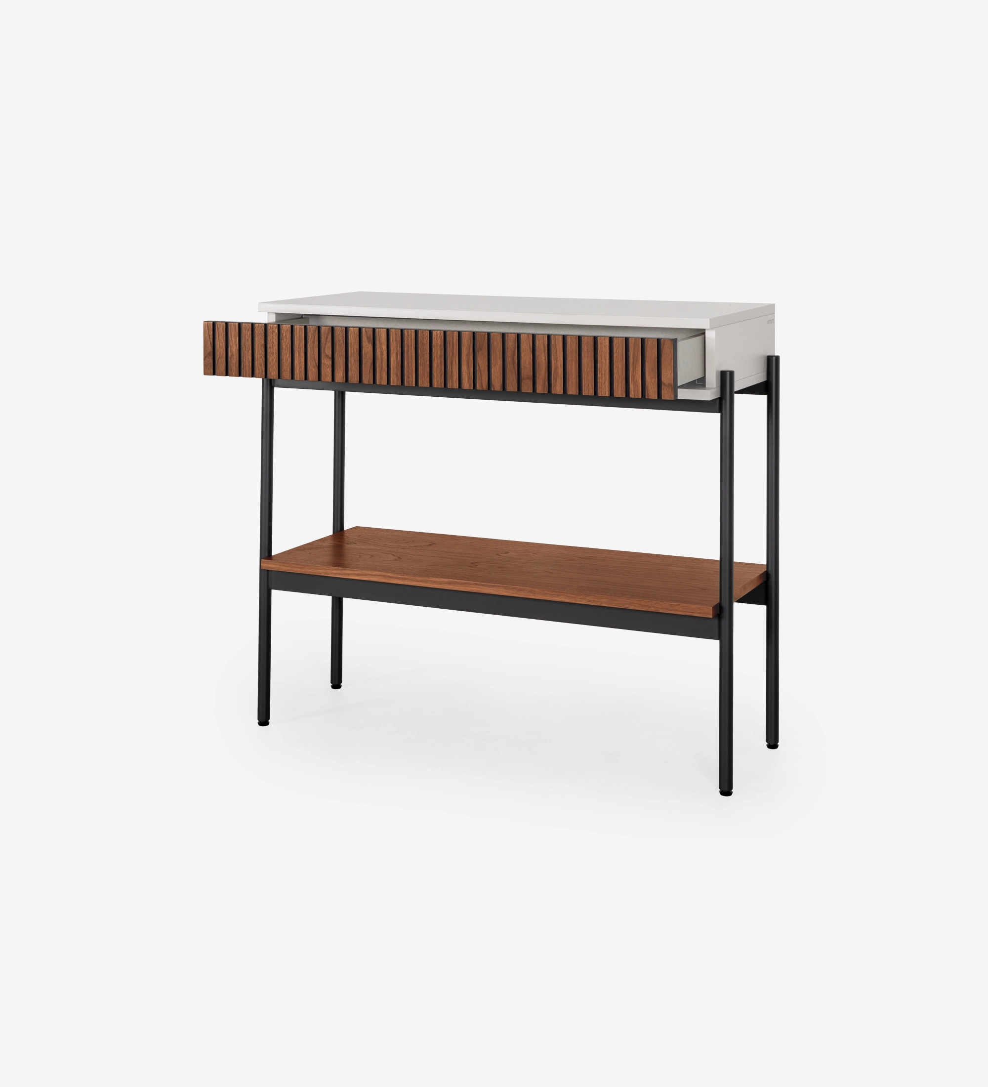 Consola con cajón y balda en nogal natural, estructura en perla y pies de metal lacado negro con niveladores.