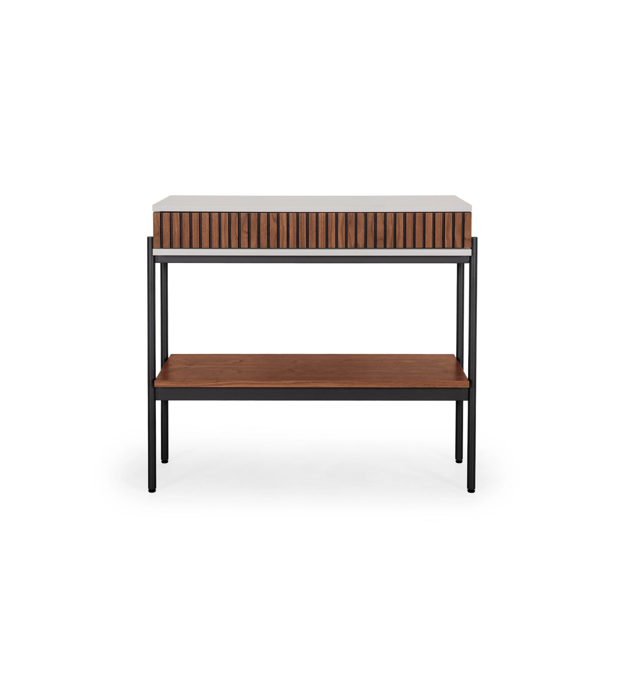 Consola con cajón y balda en nogal natural, estructura en perla y pies de metal lacado negro con niveladores.