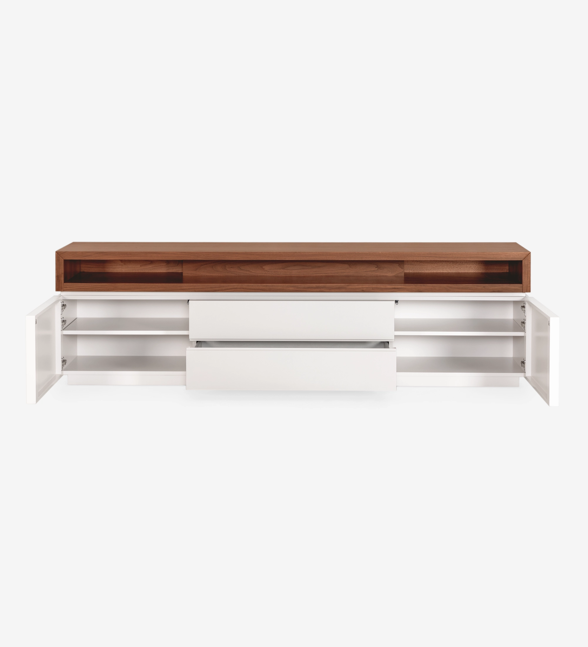 Móvel TV Nice com estrutura lacada a pérola e módulo superior em nogueira natural, 235 x 67,5 cm.