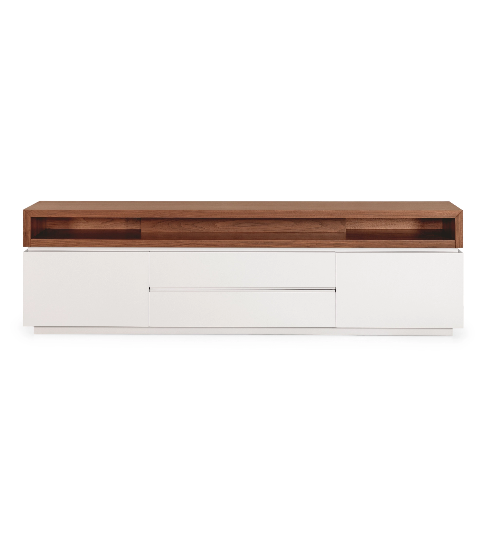 Móvel TV Nice com estrutura lacada a pérola e módulo superior em nogueira natural, 235 x 67,5 cm.