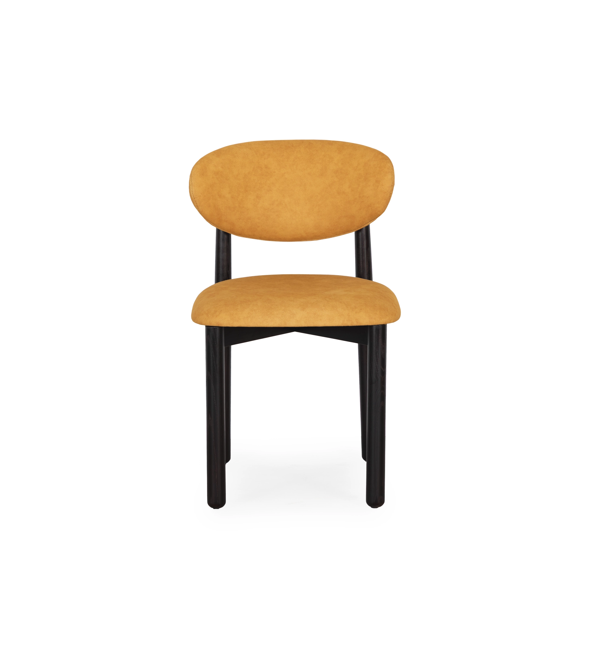 Silla de madera de fresno en color wengué, con asiento y respaldo tapizados en tela amarilla.