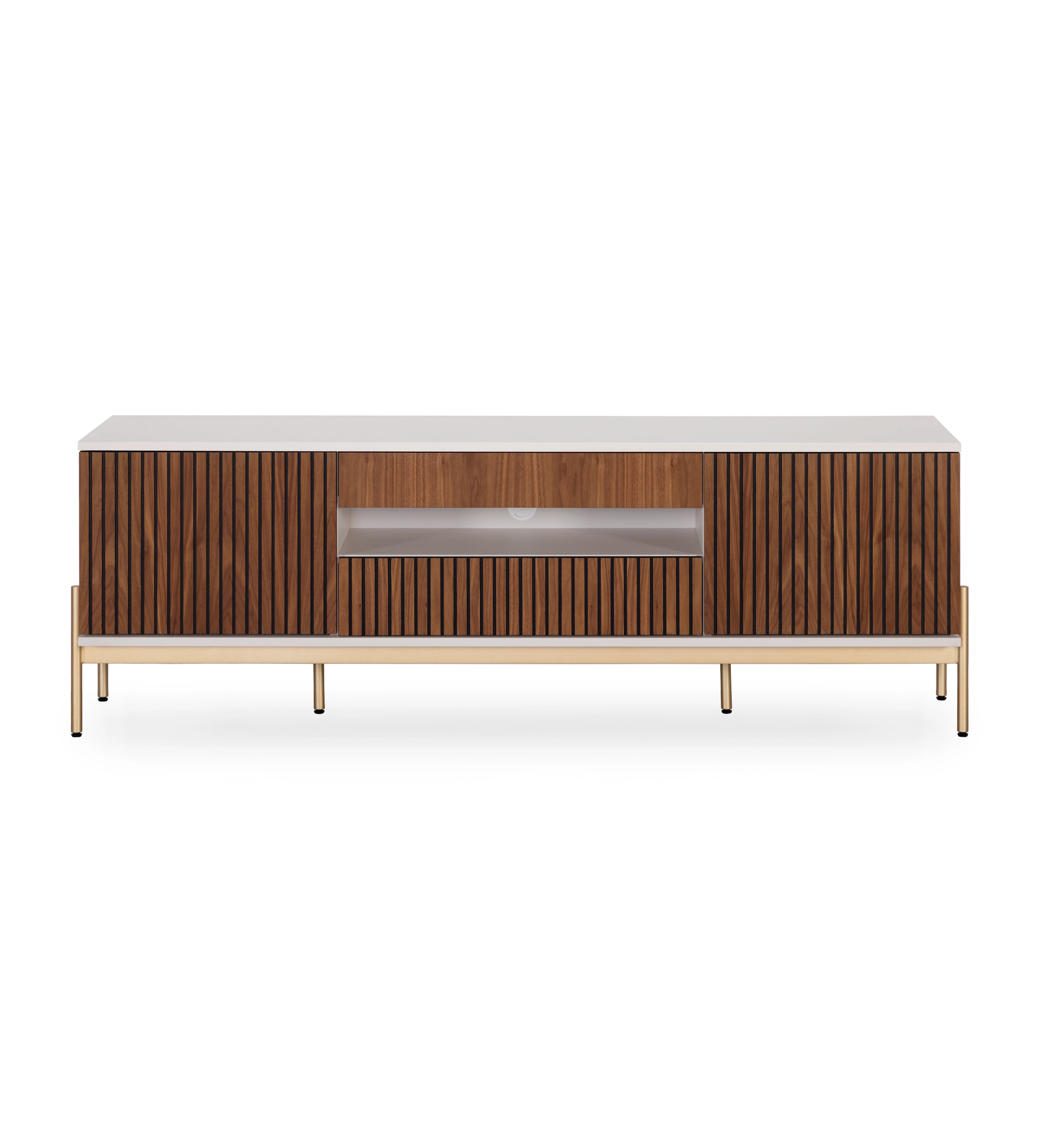 Móvel TV Cannes 2 portas e 2 gavetas com frisos em nogueira natural, estrutura em pérola e pés metálicos lacados a dourado com niveladores, 200 x 64,5 cm.
