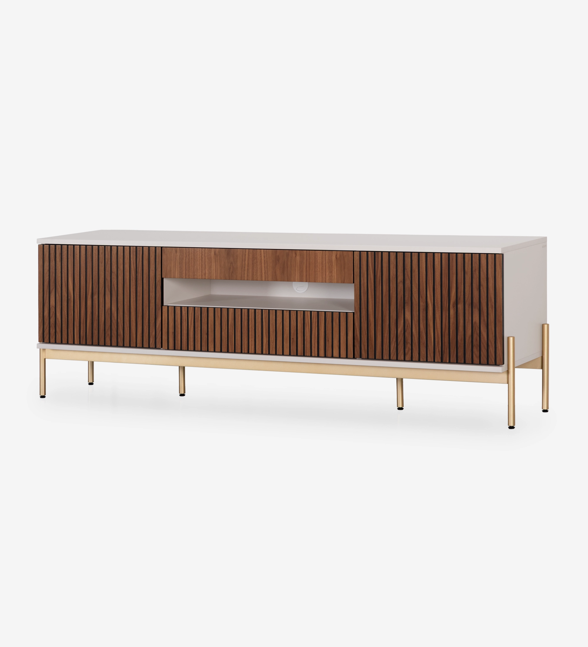 Meuble TV Cannes 2 portes et 2 tiroirs en noyer naturel, structure perlée et pieds en métal laqué doré avec niveleurs, 200 x 64,5 cm.