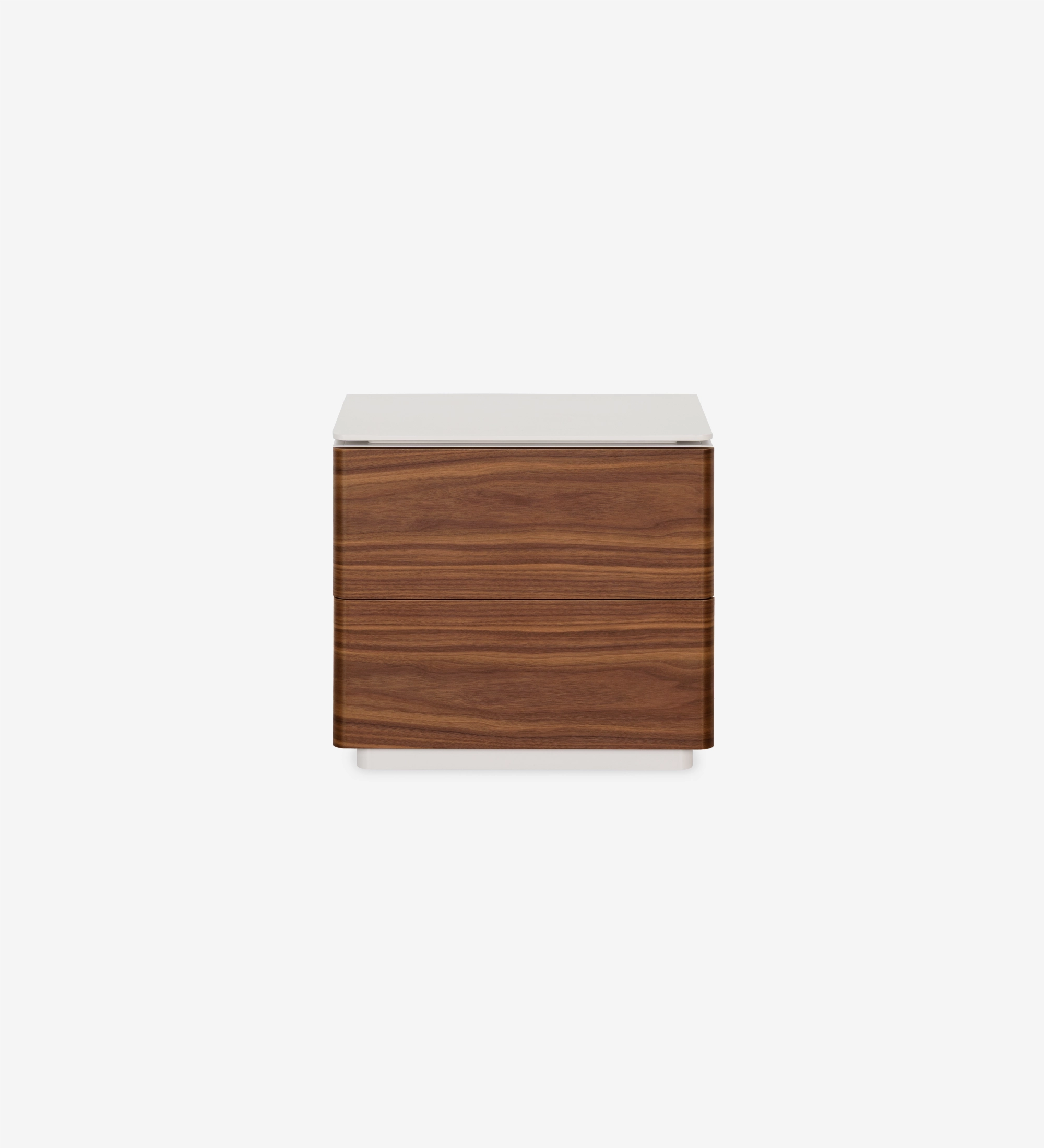 Bedside table with 2 drawers in natural walnut, pearl lacquered frame.