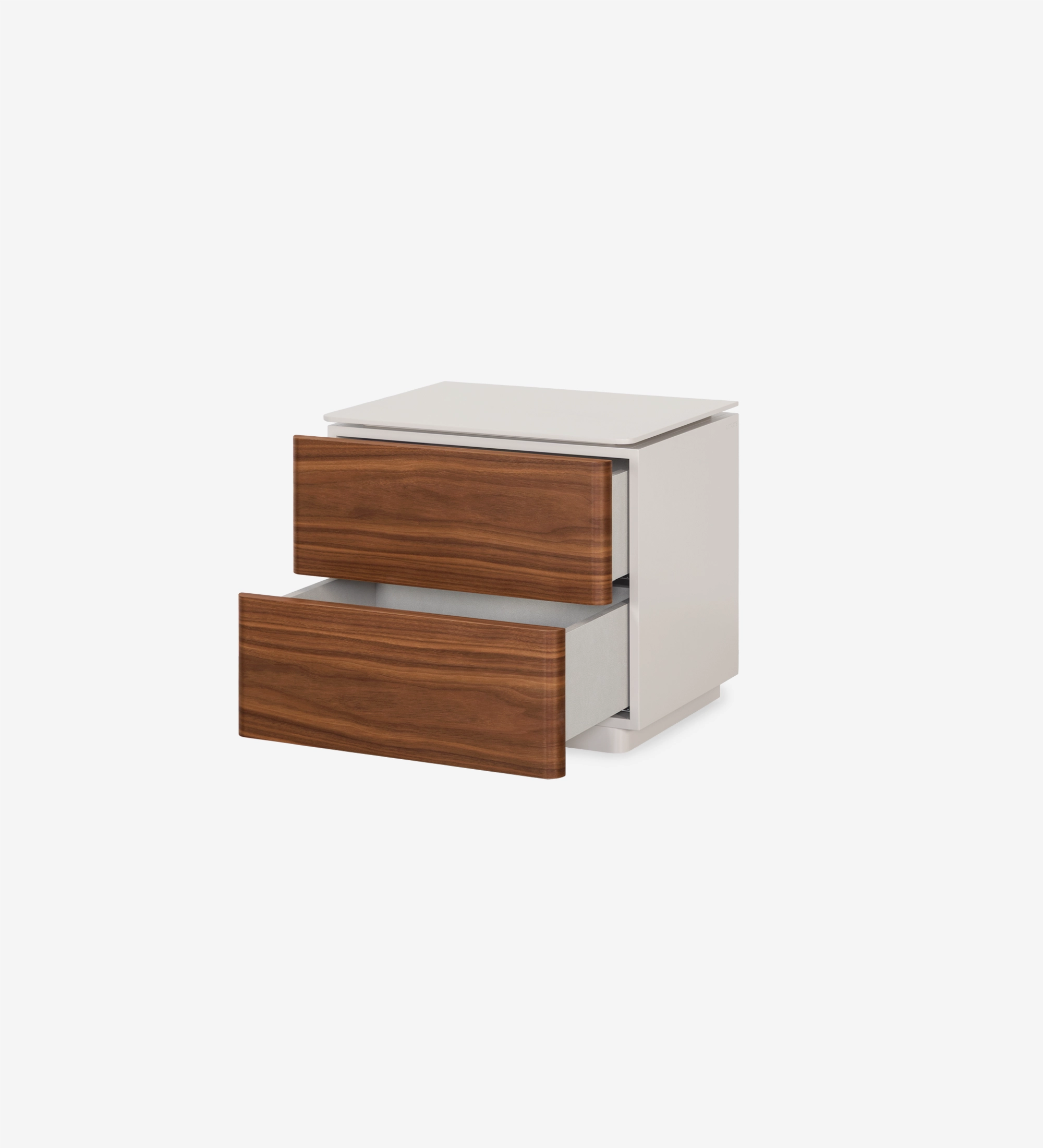 Bedside table with 2 drawers in natural walnut, pearl lacquered frame.