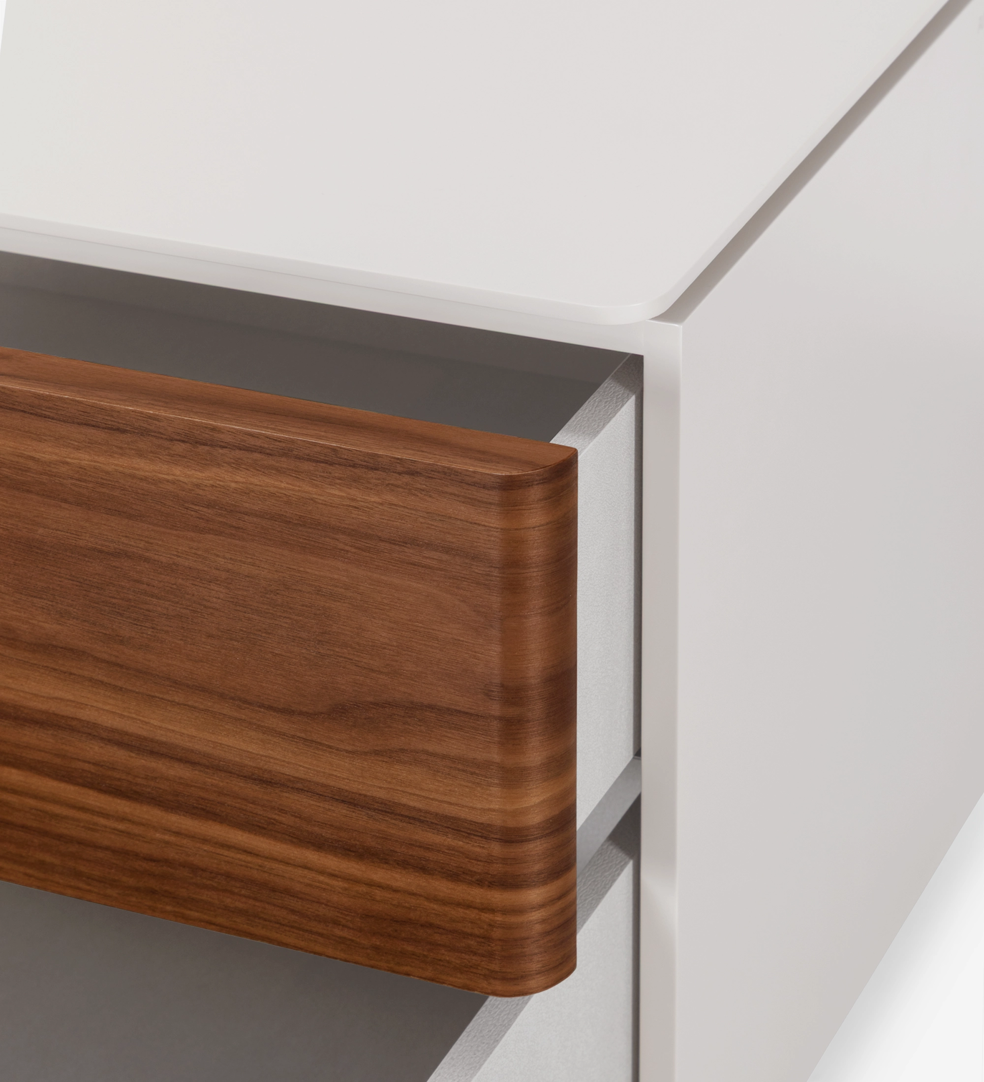 Bedside table with 2 drawers in natural walnut, pearl lacquered frame.