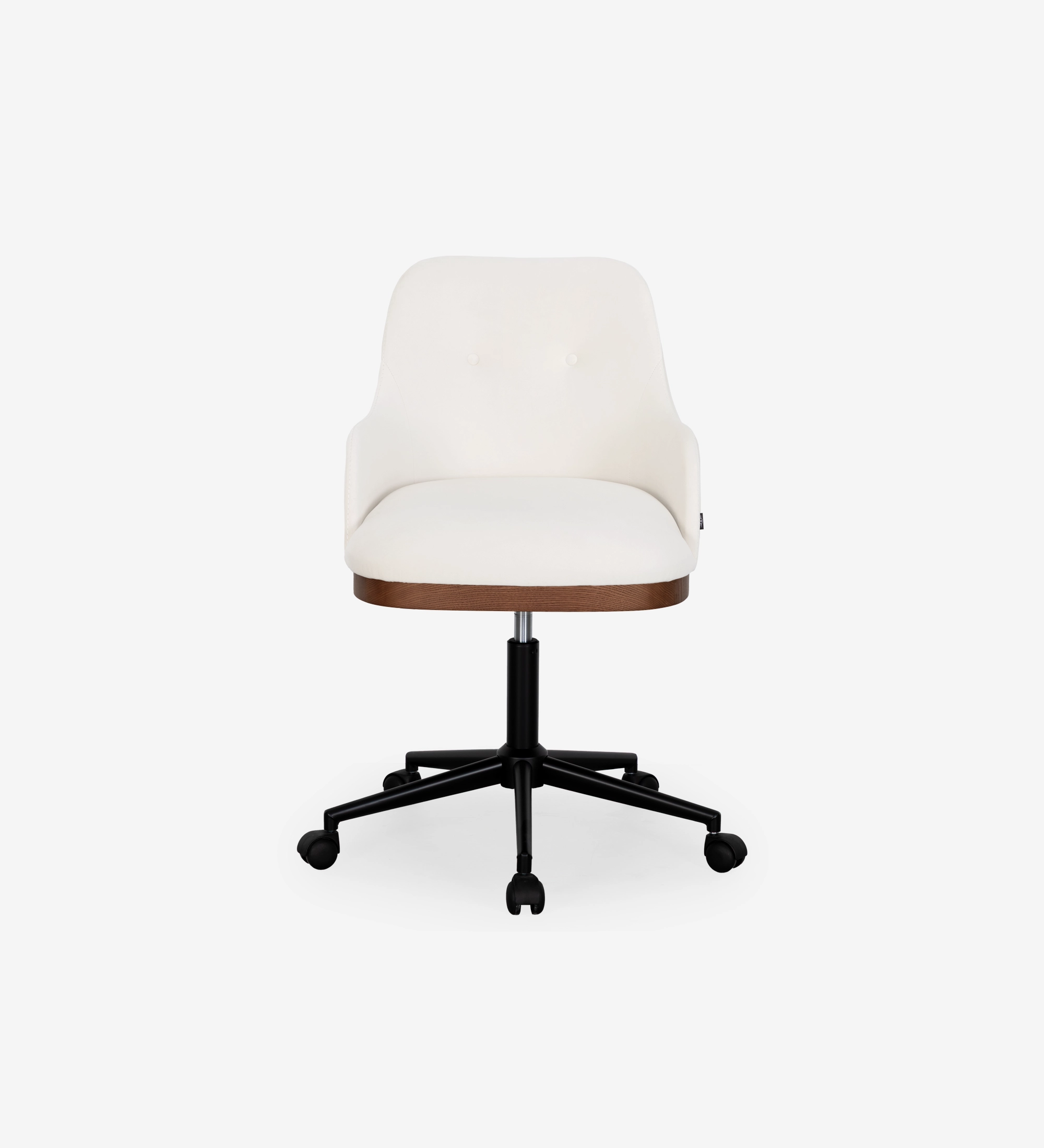 Silla ejecutiva giratoria, tapizada en tela blanca, con detalle en nogal.